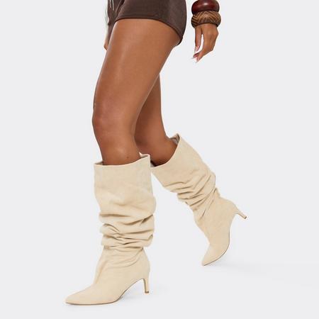 Bride Pointed Toe Knee High Kitten Heel Boot In Beige Faux Suede, Women's Size US