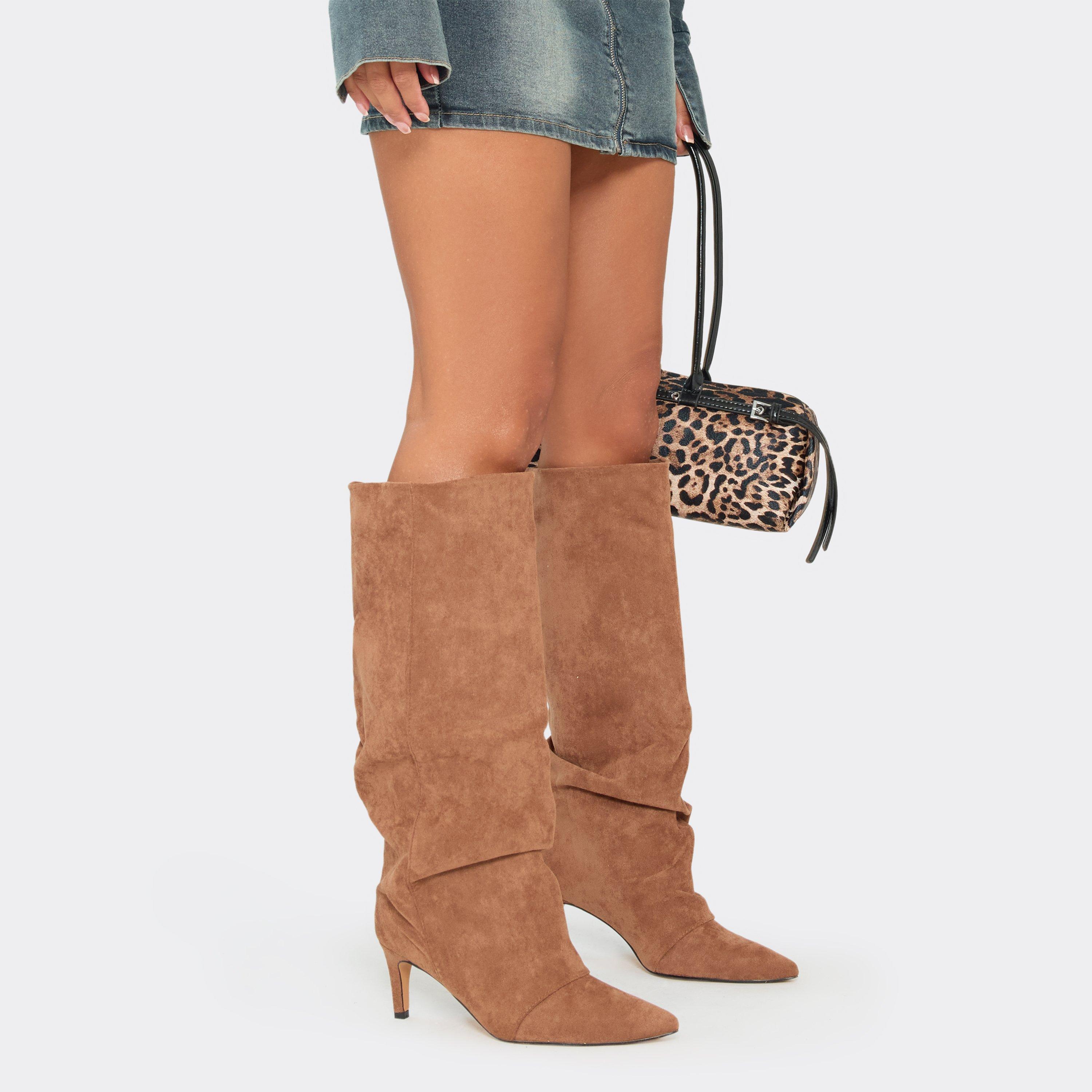 Cave Pointed Toe Slouched Detail Knee High Boot In Mocha Faux Suede, Women’s