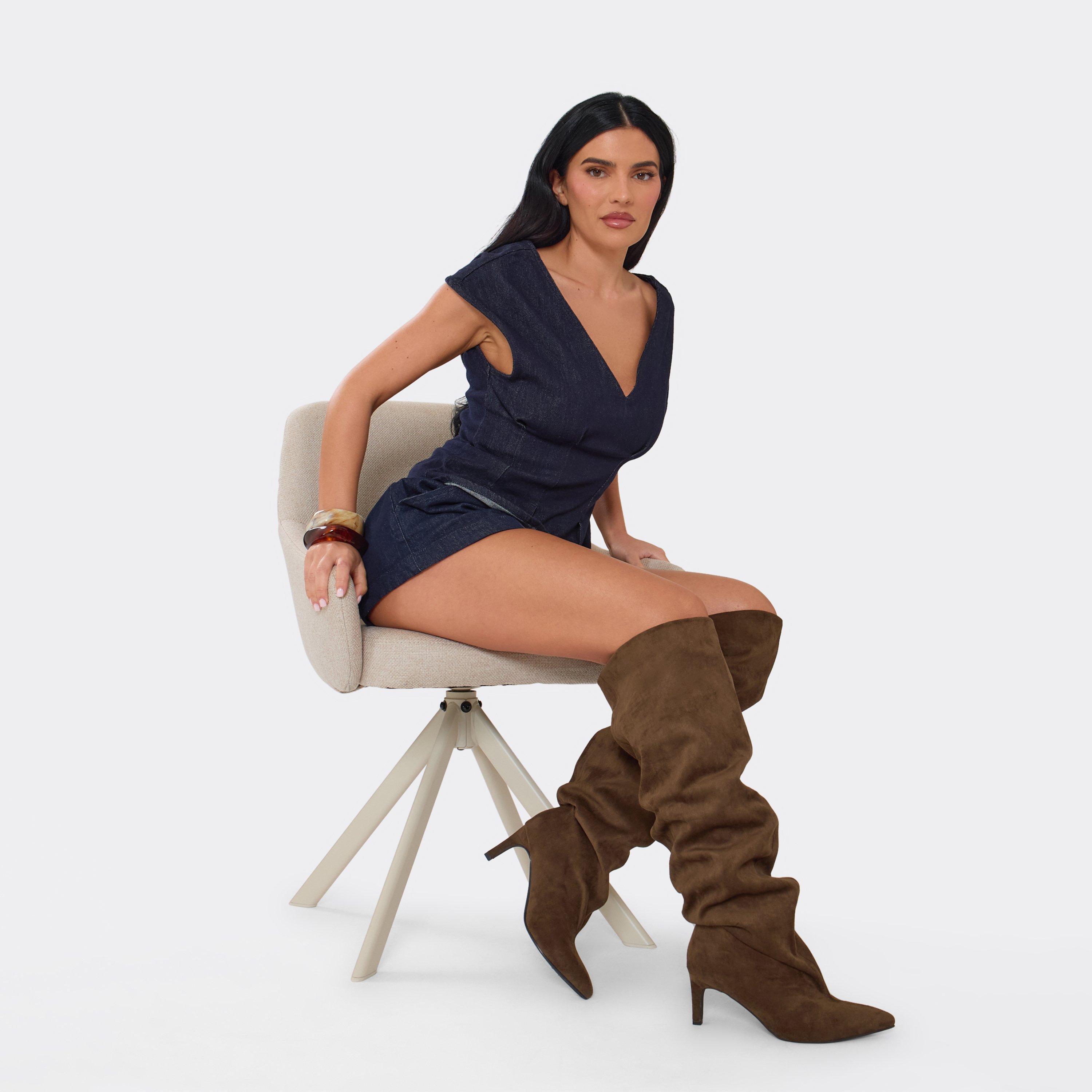 Bride Pointed Toe Knee High Kitten Heel Boot In Khaki Faux Suede, Women's Size UK 5