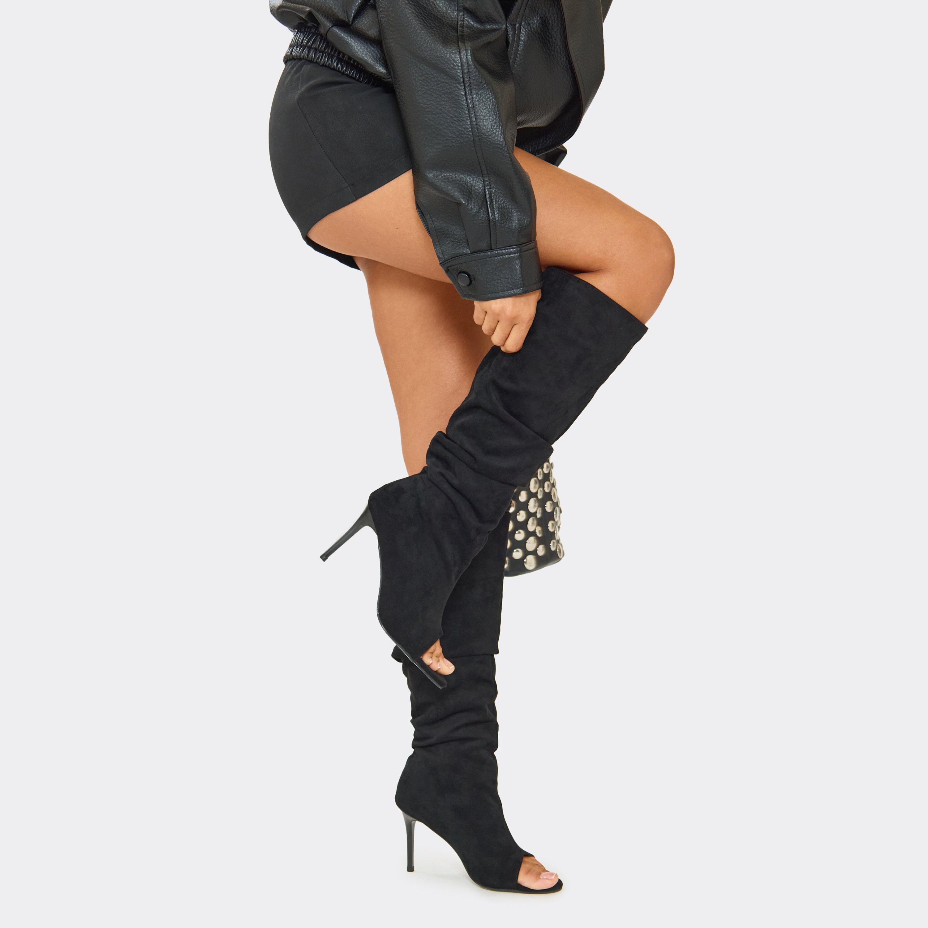 Guilty Peep Toe Slouched Stiletto Heel Knee High Boot In Black Faux Suede, Women’s