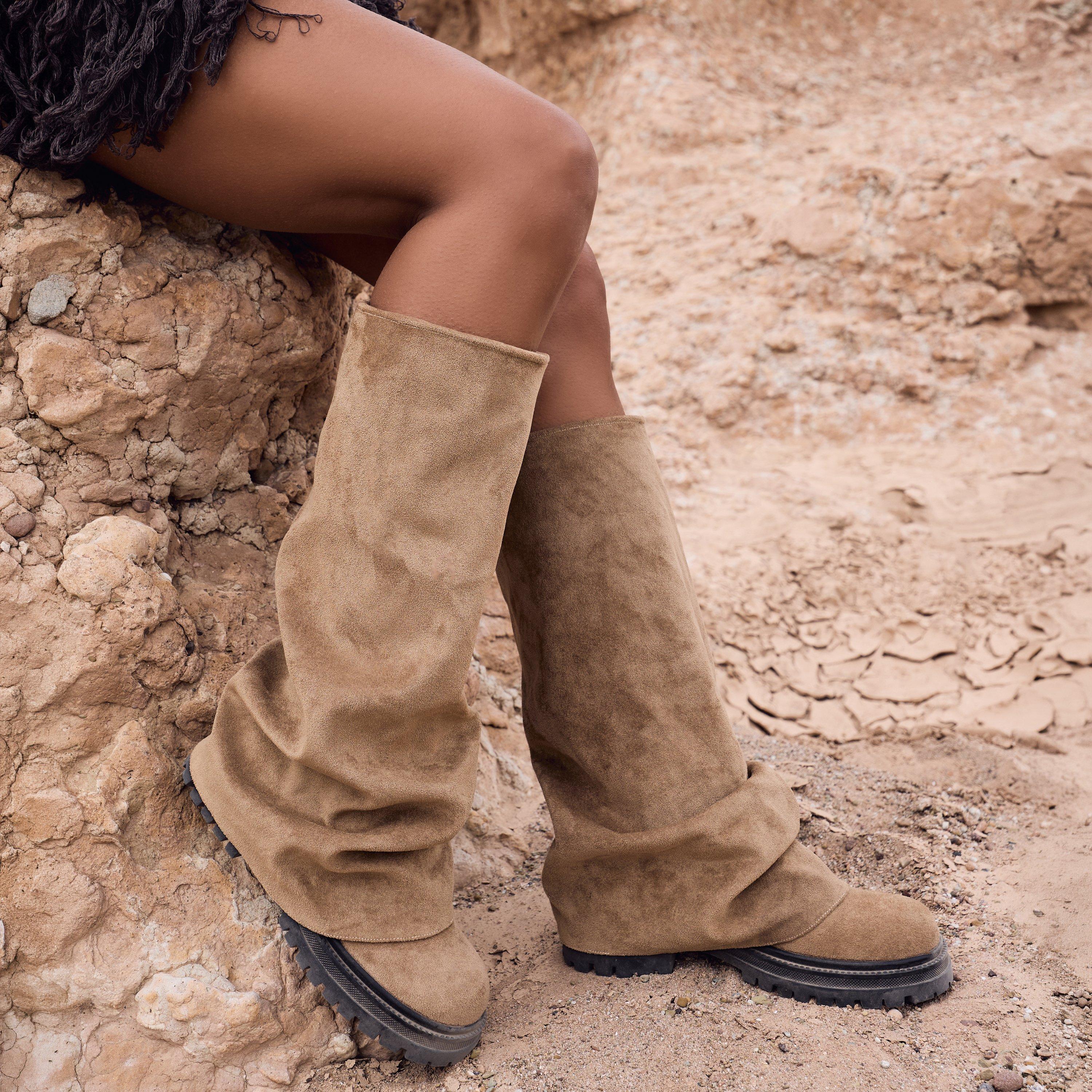 Margot Layered Detail Knee High Long Biker Boot In Taupe Faux Suede, Women's Size UK 3