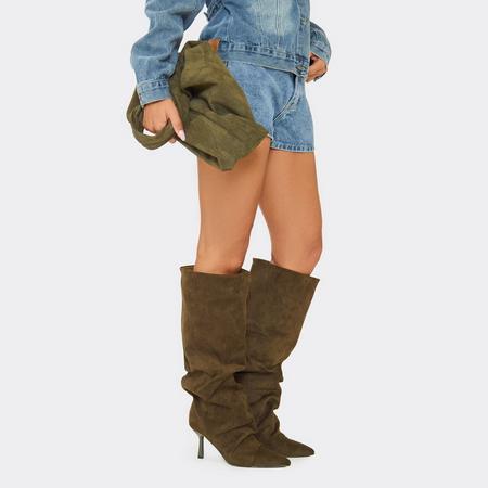 Cave Pointed Toe Slouched Detail Knee High Boot In Khaki Faux Suede, Women's Size US
