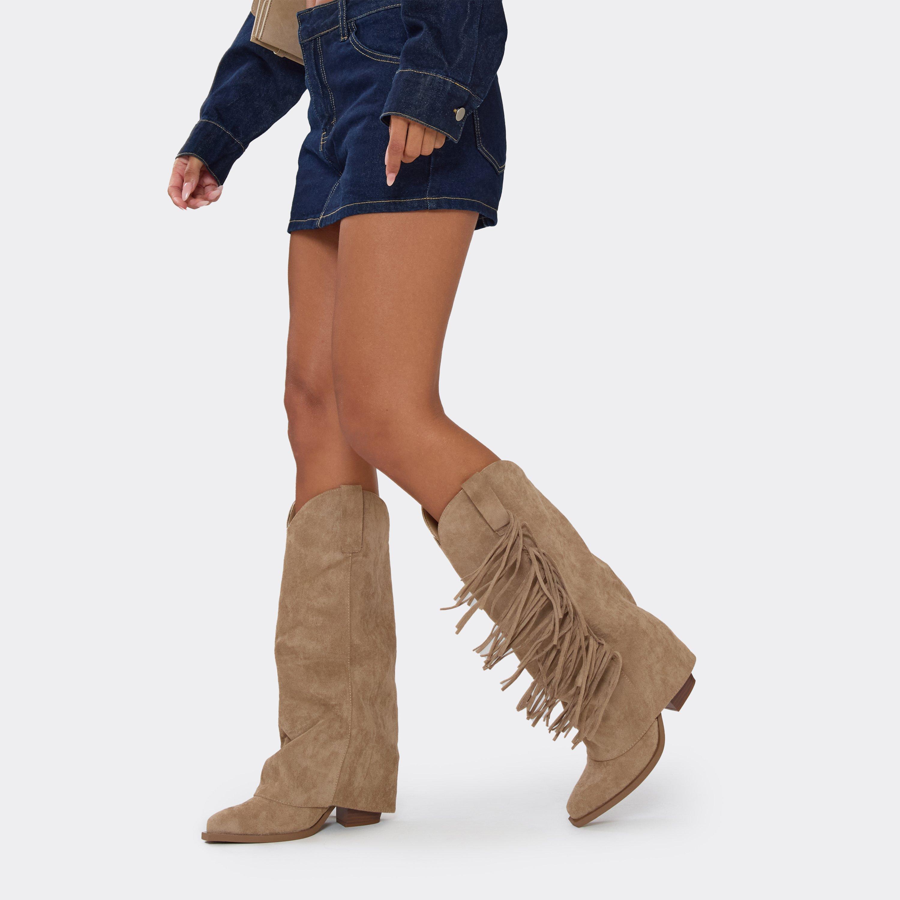 Vegas Side Fringe Layered Detail Knee High Western Cowboy Boot In Beige Faux Suede, Women’s