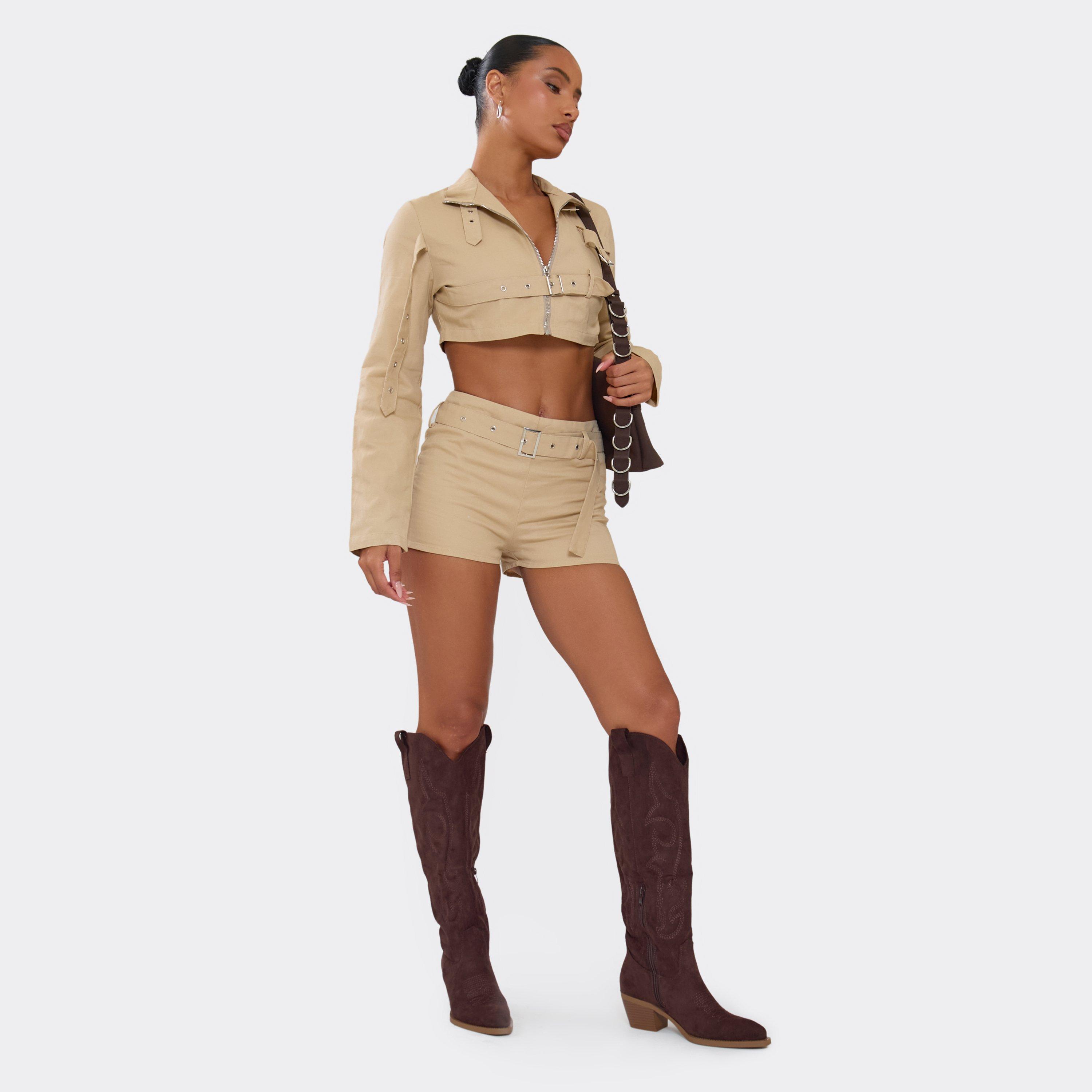 Carter Embroidered Detail Knee High Western Cowboy Boot In Brown Faux Suede, Women's Size UK 5