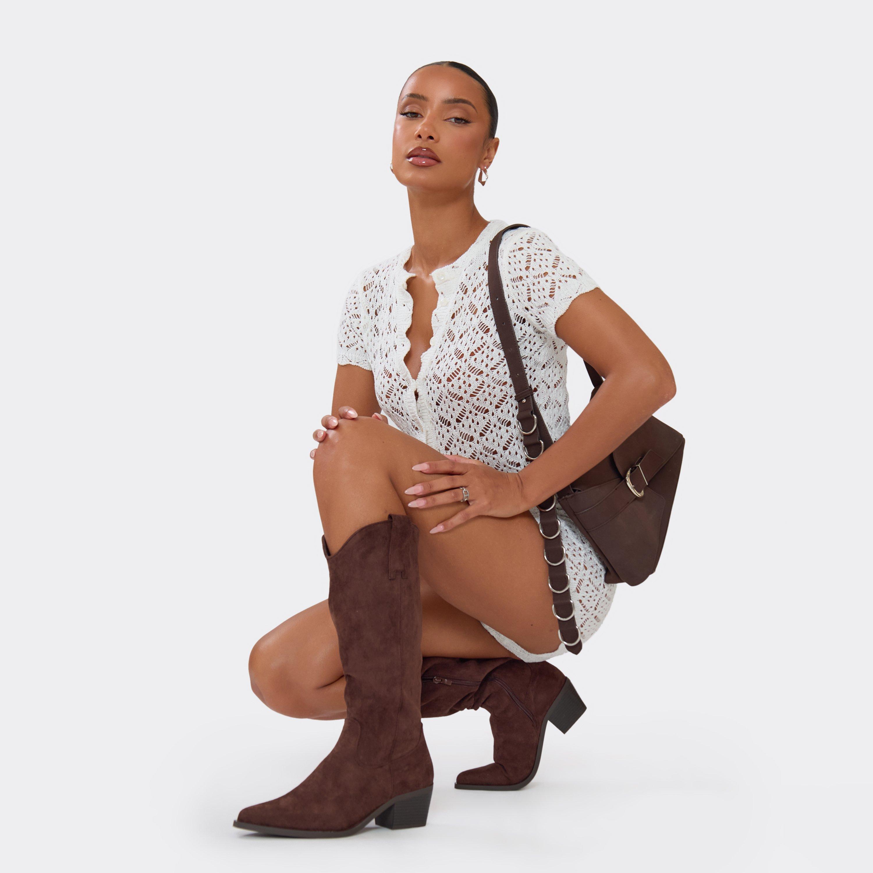 Twain Mid Calf Western Cowboy Boot In Brown Faux Suede, Women's Size UK 5