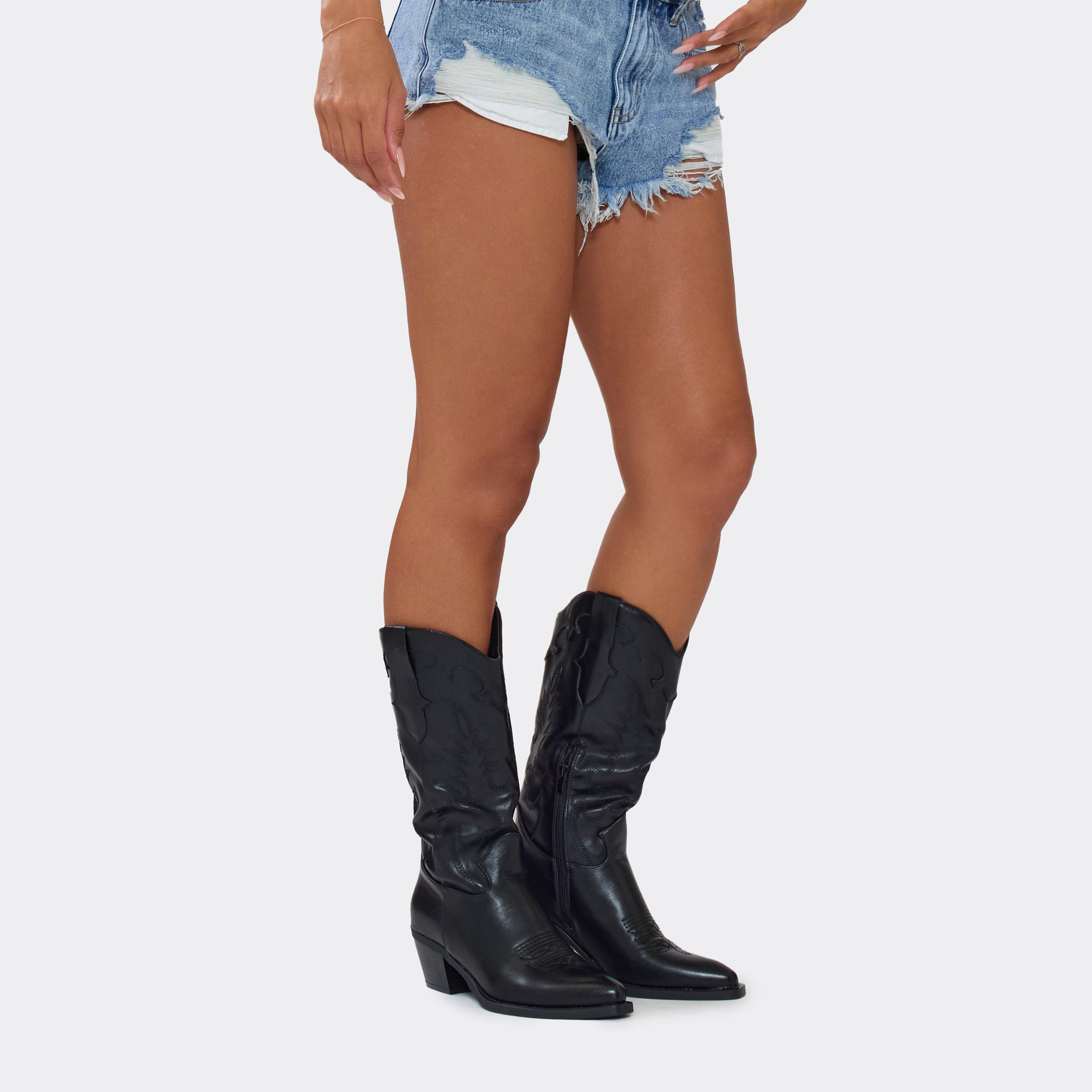 Bey Embroidered Detail Mid Calf Western Cowboy Boot In Black Faux Leather, Women's Size UK 4