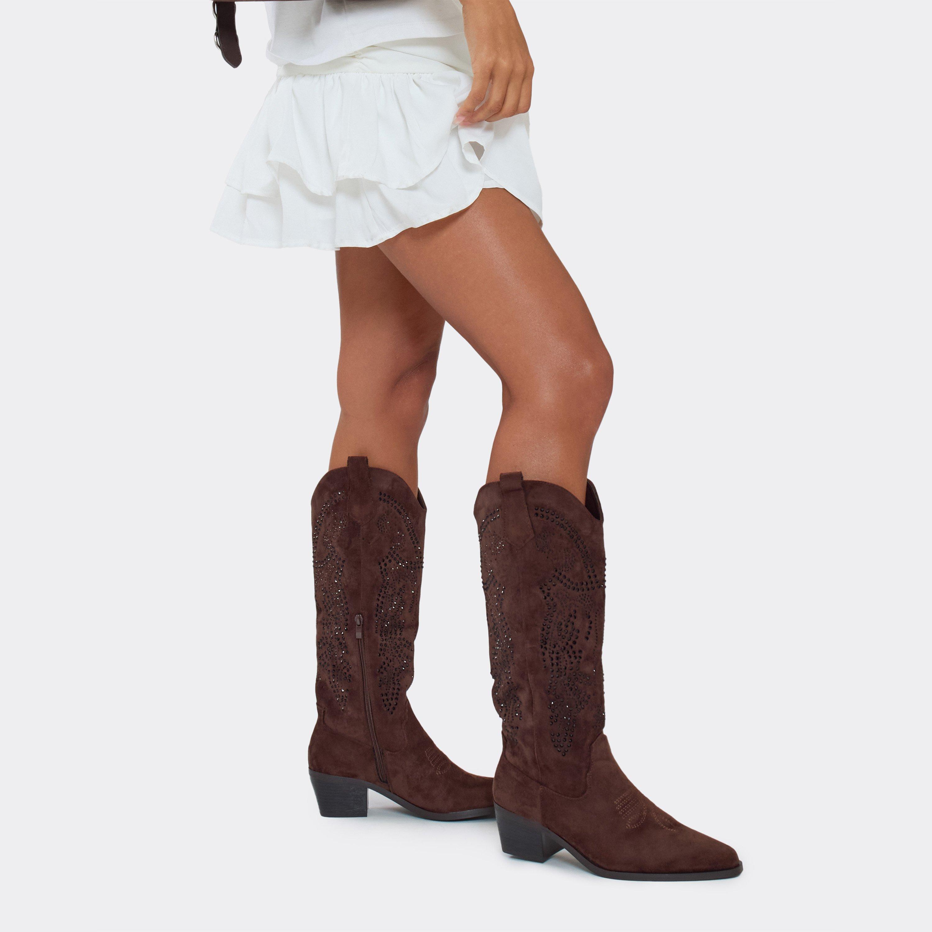Stylez Diamante Detail Knee High Western Cowboy Boot In Brown Faux Suede, Women’s
