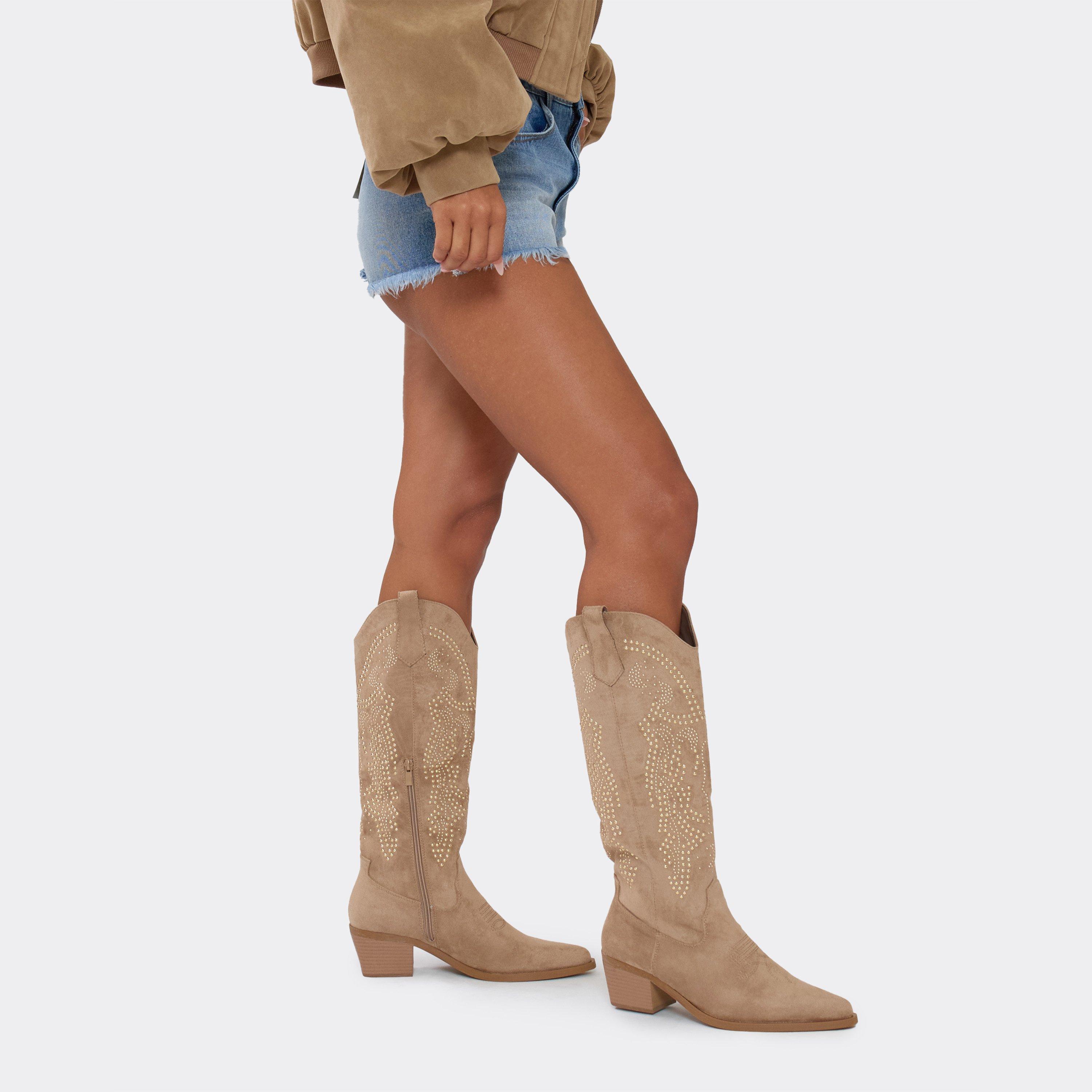 Styled Stud Detail Knee High Western Cowboy Boot In Beige Faux Suede, Women's Size UK 8