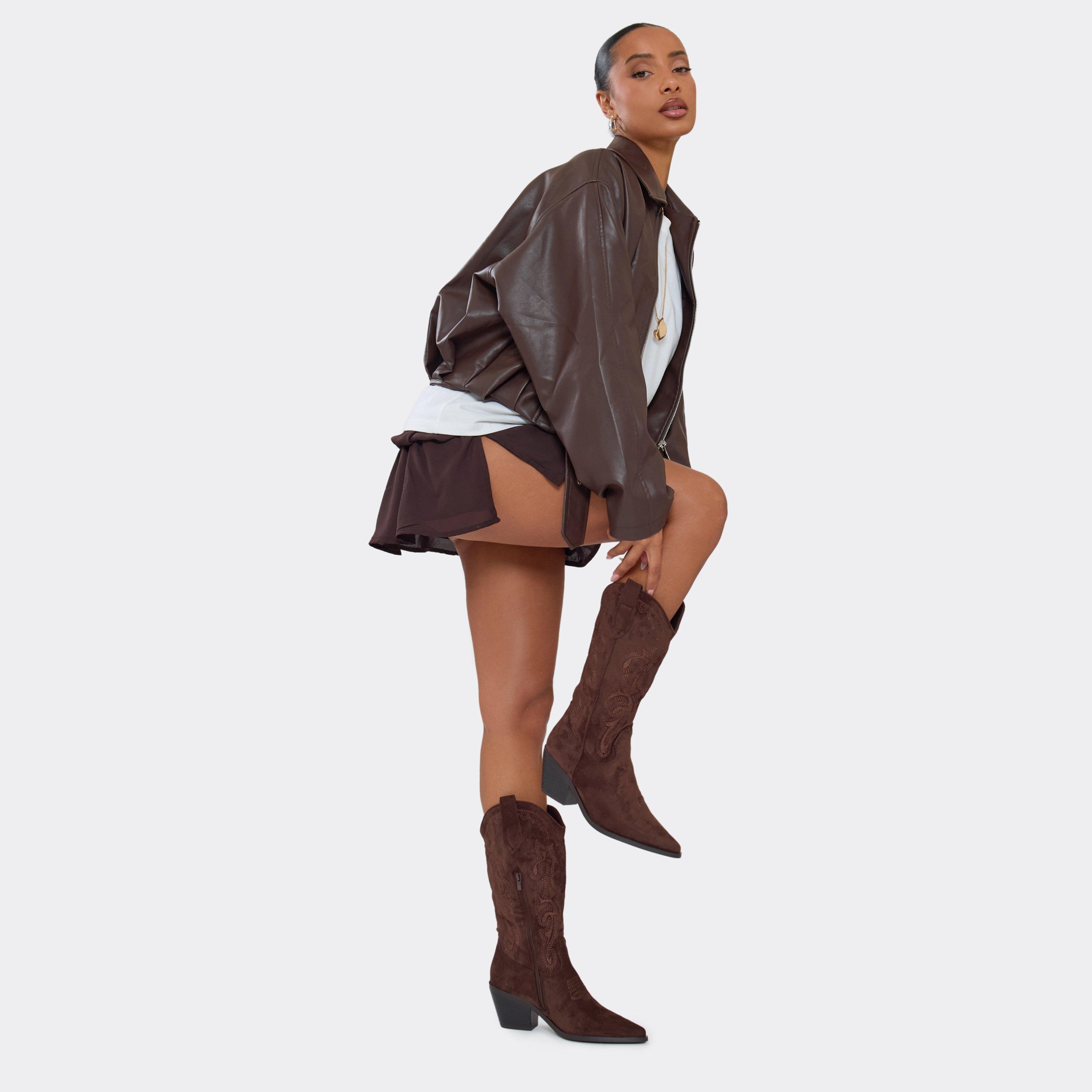 Secret Embroidered Detail Mid Calf Western Cowboy Boot In Brown Faux Suede, Women's Size UK 3