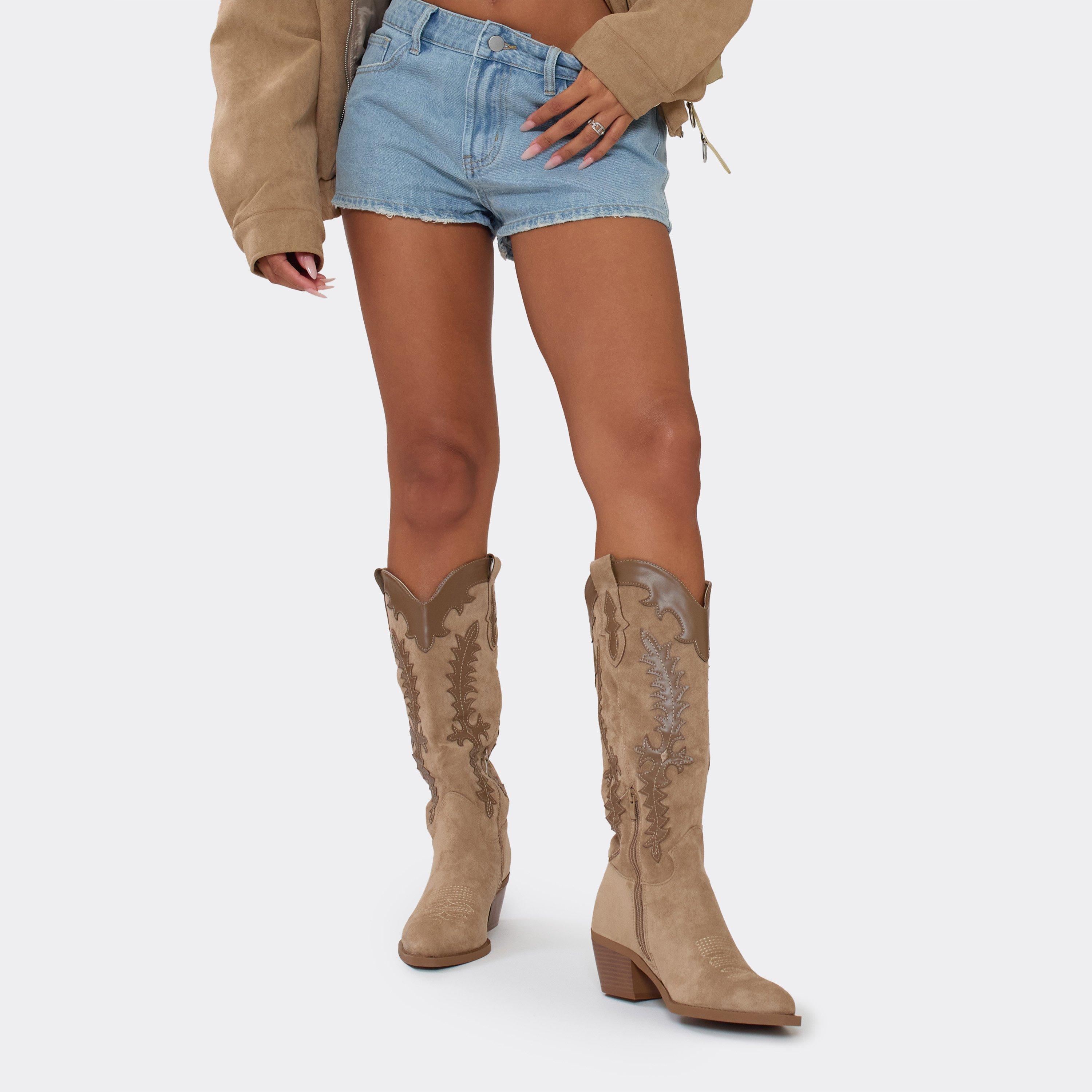 Tonga Gold Embroidered Detail Knee High Western Cowboy Boot In Beige Faux Suede, Women’s