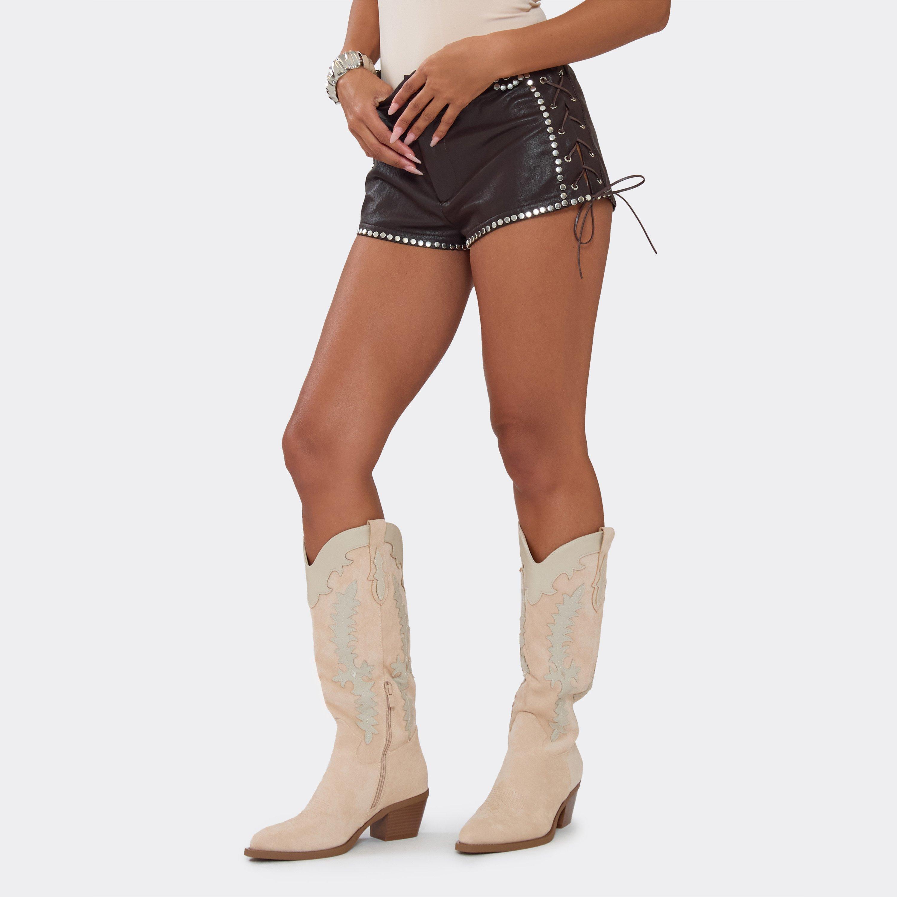 Tonga Gold Embroidered Detail Knee High Western Cowboy Boot In Nude Faux Suede, Women’s