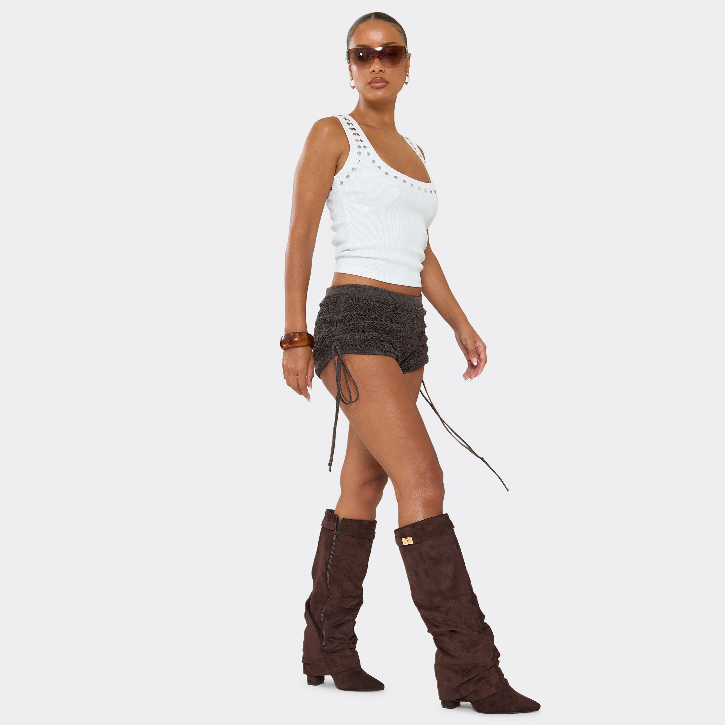 Chella Lock Detail Pointed Toe Knee High Slouched Boot In Brown Faux Suede, Women's Size UK 6
