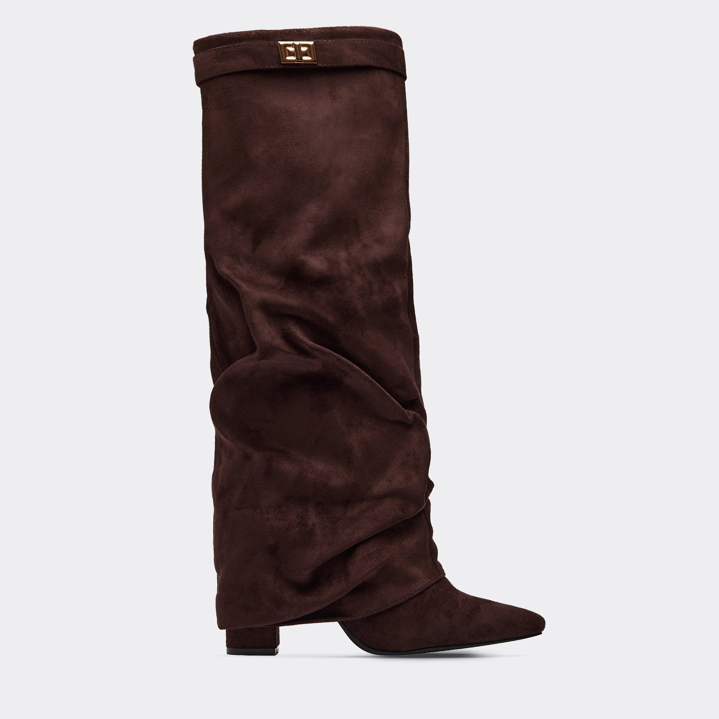 Chella Lock Detail Pointed Toe Knee High Slouched Boot In Brown Faux Suede, Women’s