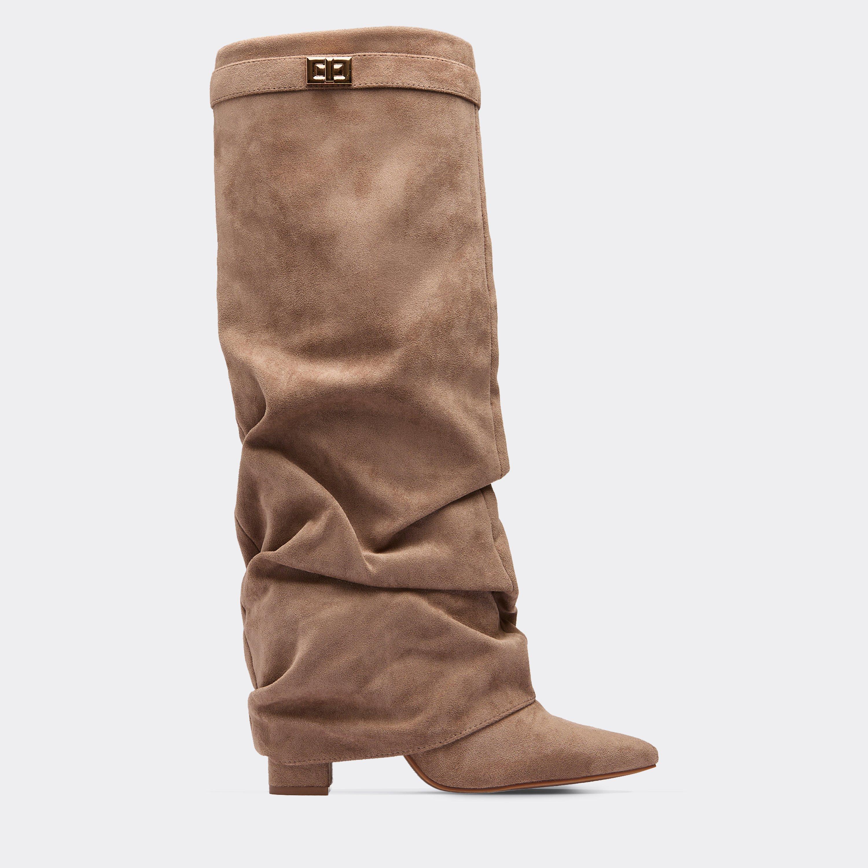 Chella Lock Detail Pointed Toe Knee High Slouched Boot In Taupe Faux Suede, Women’s