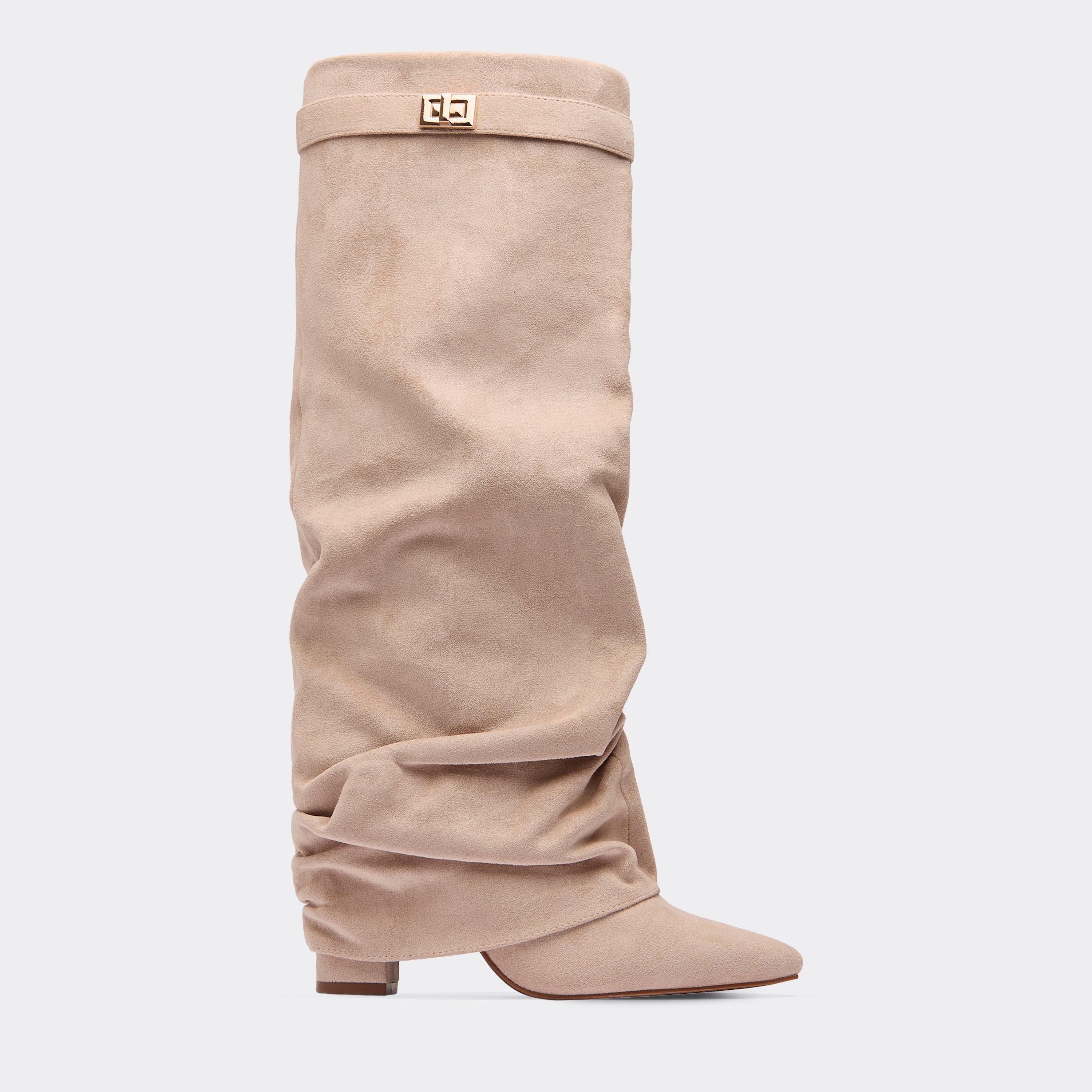 Chella Lock Detail Pointed Toe Knee High Slouched Boot In Nude Faux Suede, Women’s