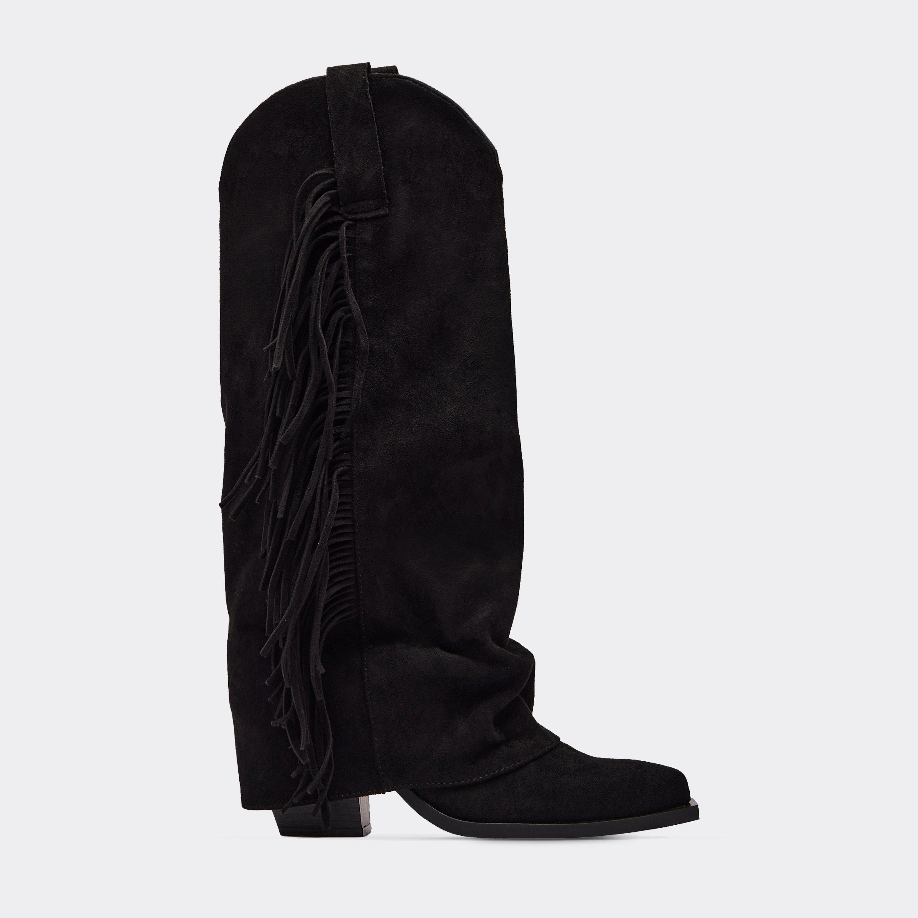 Vegas Side Fringe Layered Detail Knee High Western Cowboy Boot In Black Faux Suede, Women’s