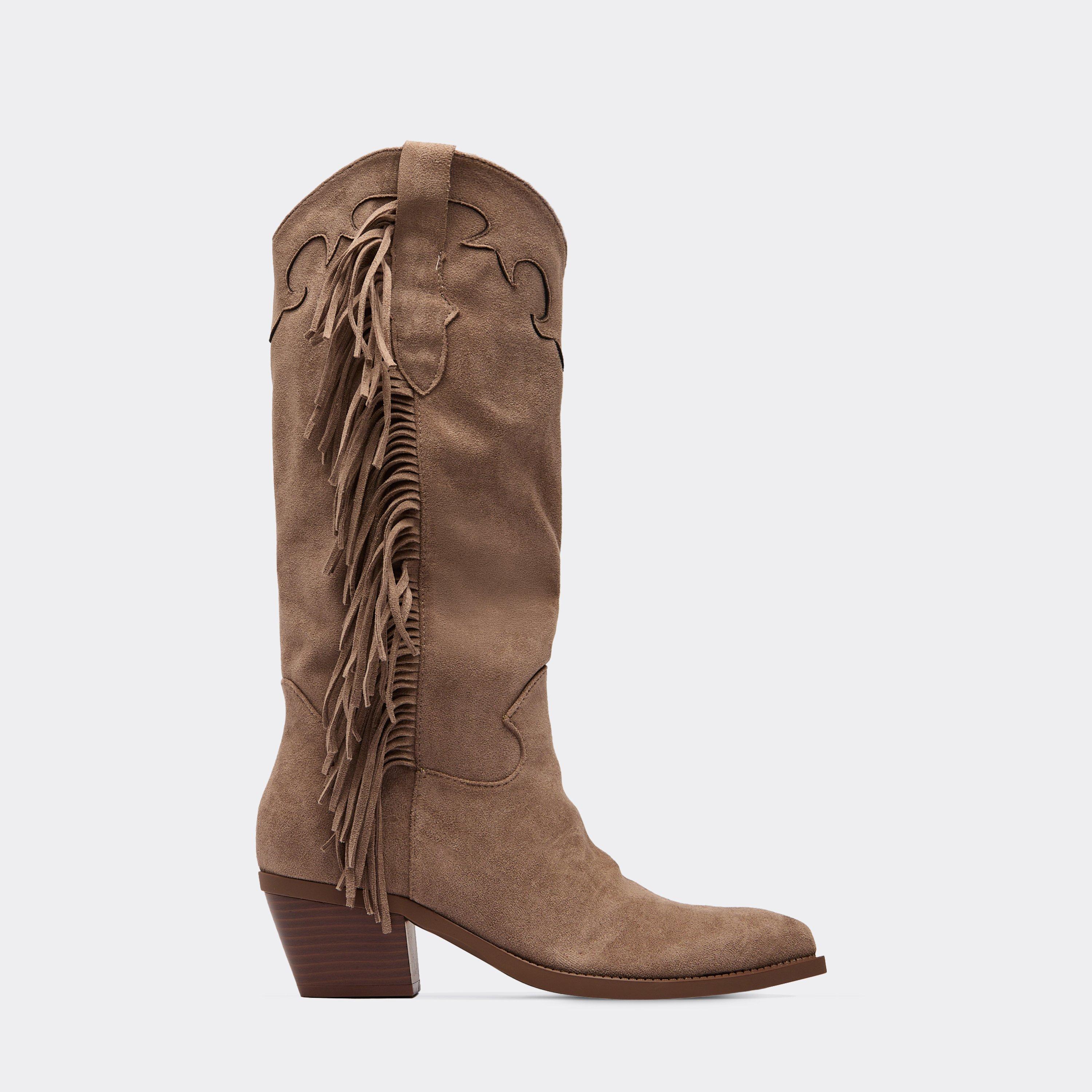 Kiko Fringe Detail Pointed Toe Mid Calf Western Cowboy Boot In Taupe Faux Suede, Women’s