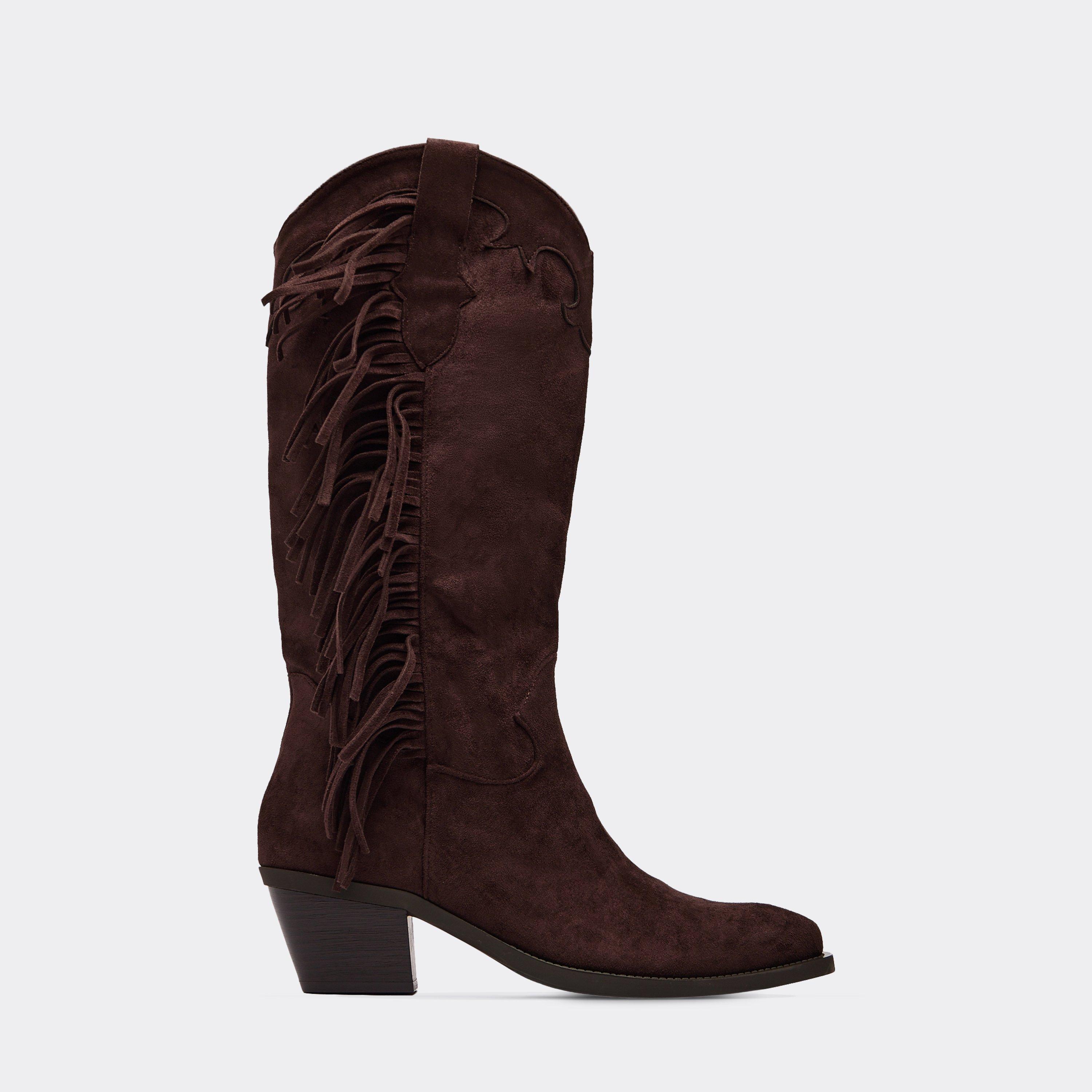 Kiko Fringe Detail Pointed Toe Mid Calf Western Cowboy Boot In Brown Faux Suede, Women’s