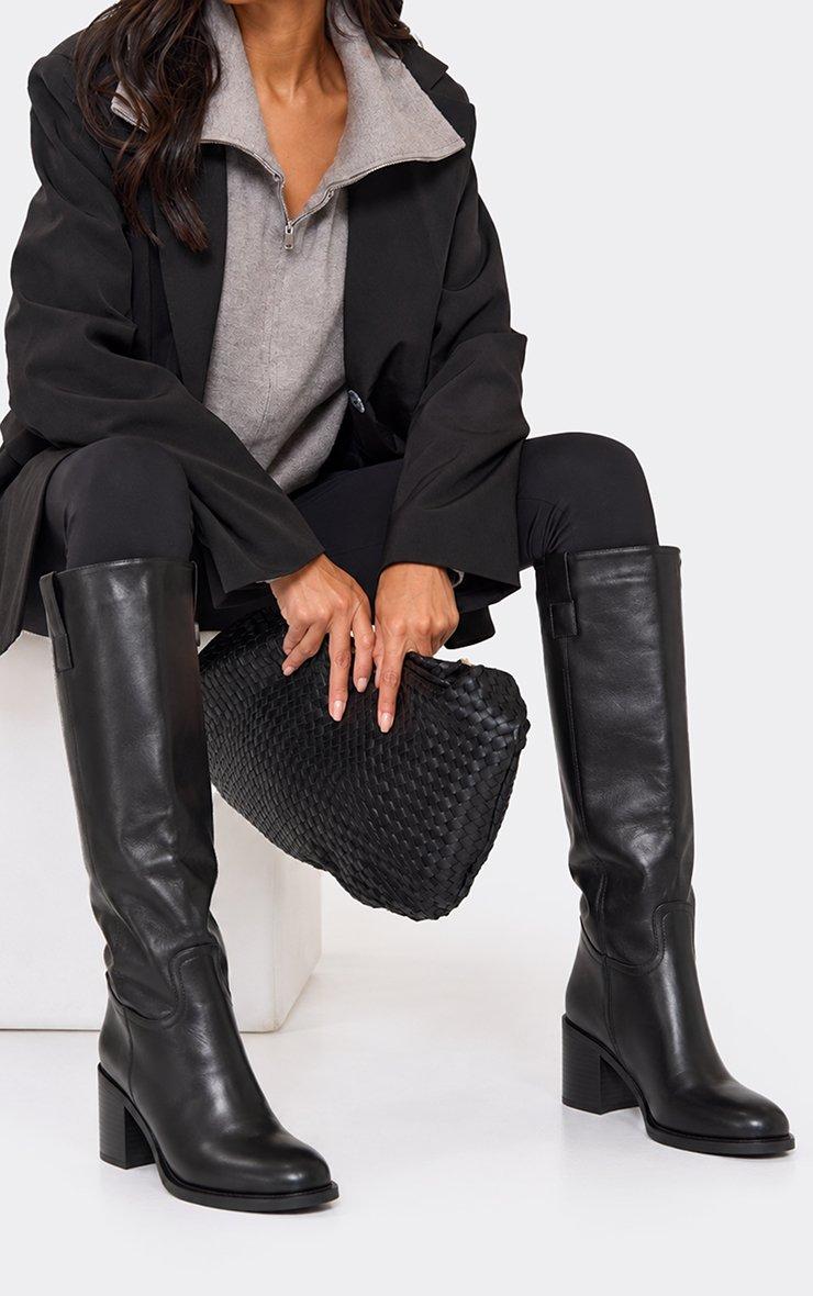 Moon Platform Block Heel Knee High Boot In Black Faux Leather