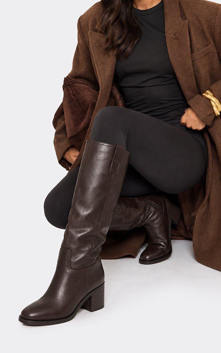 Moon Platform Block Heel Knee High Boot In Brown Faux Leather