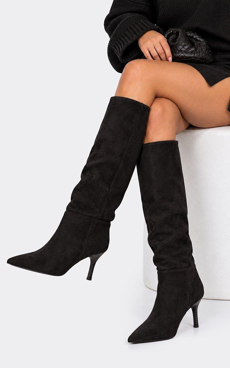 Exa Pointed Toe Stiletto Heel Knee High Boot In Black Faux Suede