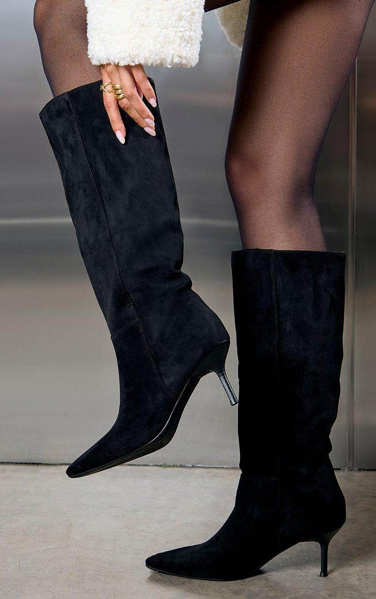 Exa Pointed Toe Stiletto Heel Knee High Boot In Black Faux Suede