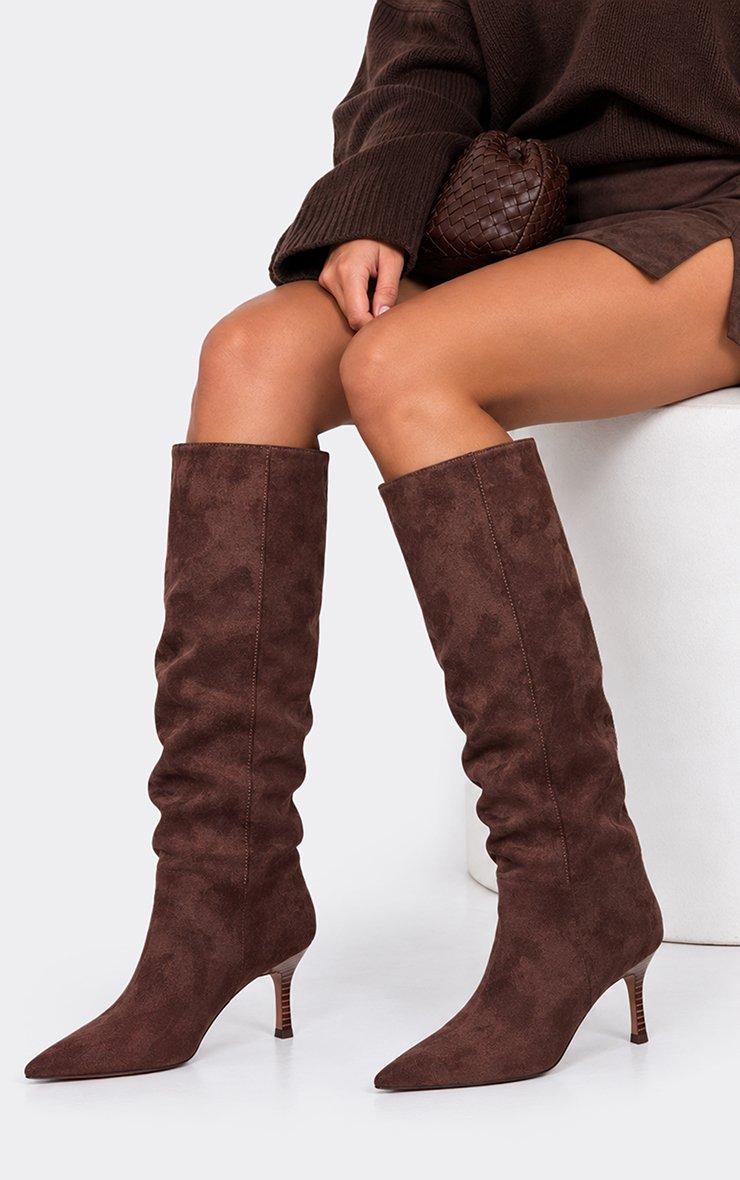 Exa Pointed Toe Stiletto Heel Knee High Boot In Brown Faux Suede