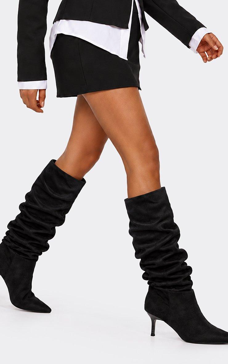 Porta Pointed Toe Stiletto Heel Knee High Slouched Boot In Black .Faux Suede