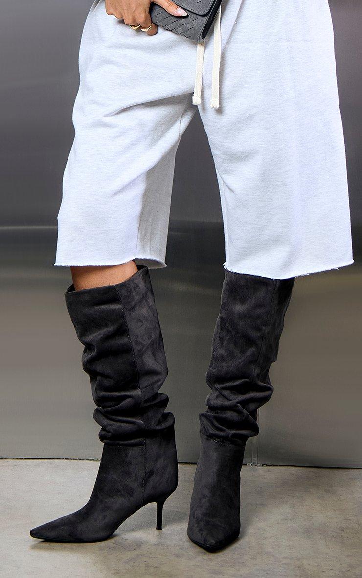 Porta Pointed Toe Stiletto Heel Knee High Slouched Boot In Black Faux Suede