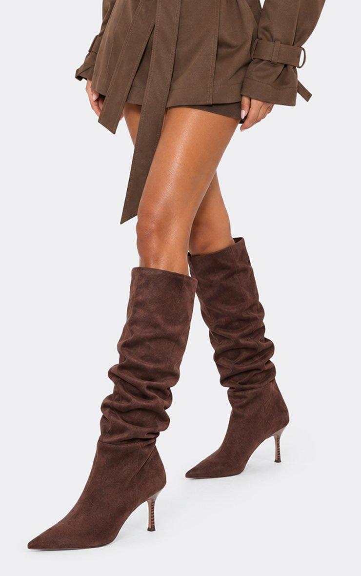 Porta Pointed Toe Stiletto Heel Knee High Slouched Boot In Brown Faux Suede