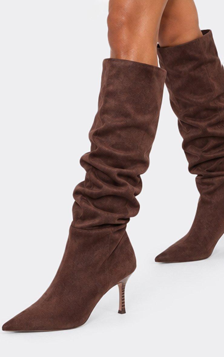 Porta Pointed Toe Stiletto Heel Knee High Slouched Boot In Brown Faux Suede.