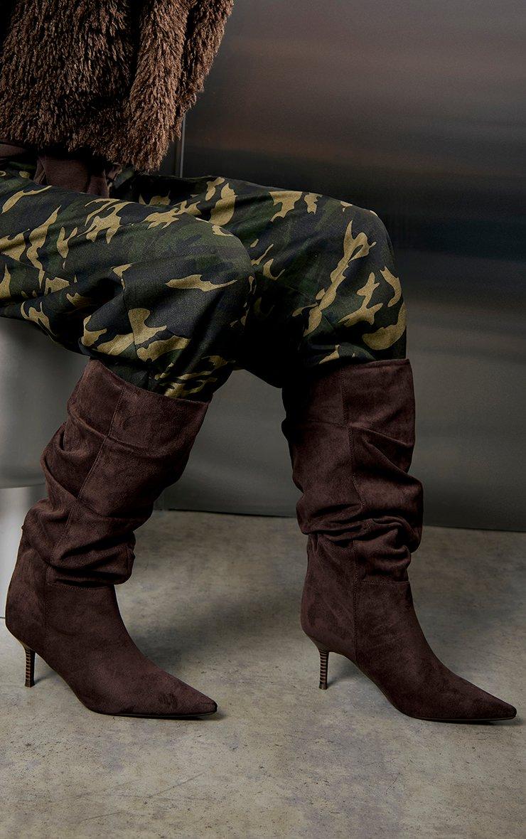 Porta Pointed Toe Stiletto Heel Knee High Slouched Boot In Brown Faux Suede