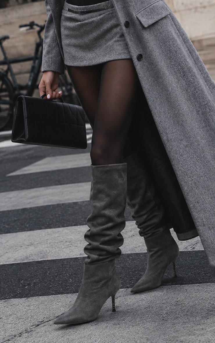 Porta Pointed Toe Stiletto Heel Knee High Slouched Boot In Grey Faux Suede
