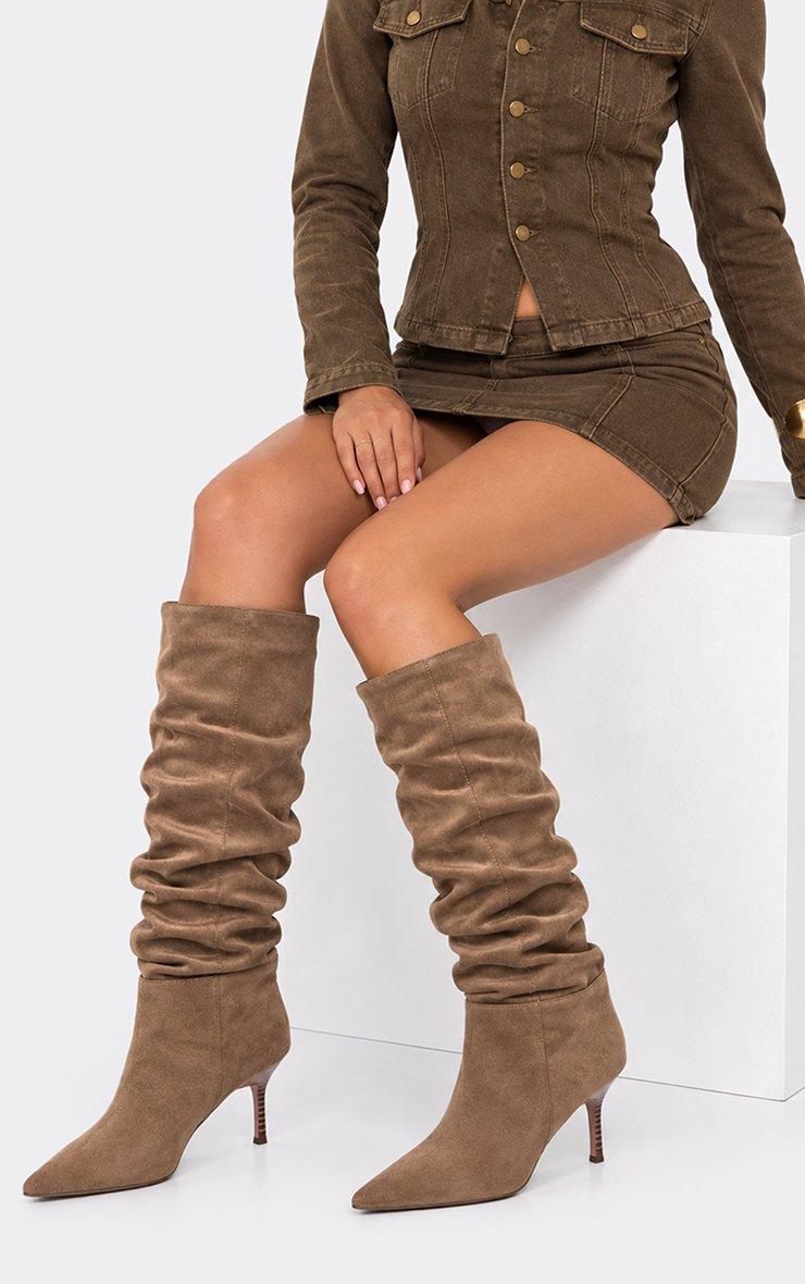Porta Pointed Toe Stiletto Heel Knee High Slouched Boot In Taupe Faux Suede