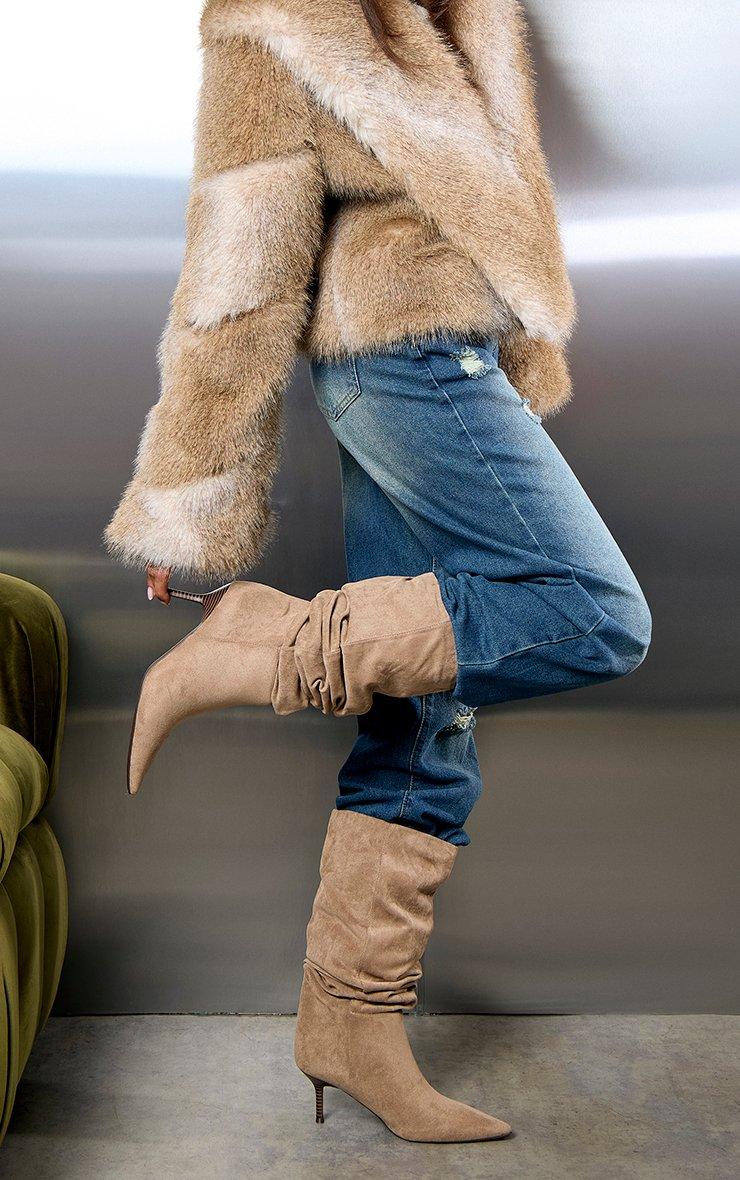 Porta Pointed Toe Stiletto Heel Knee High Slouched Boot In Taupe Faux Suede