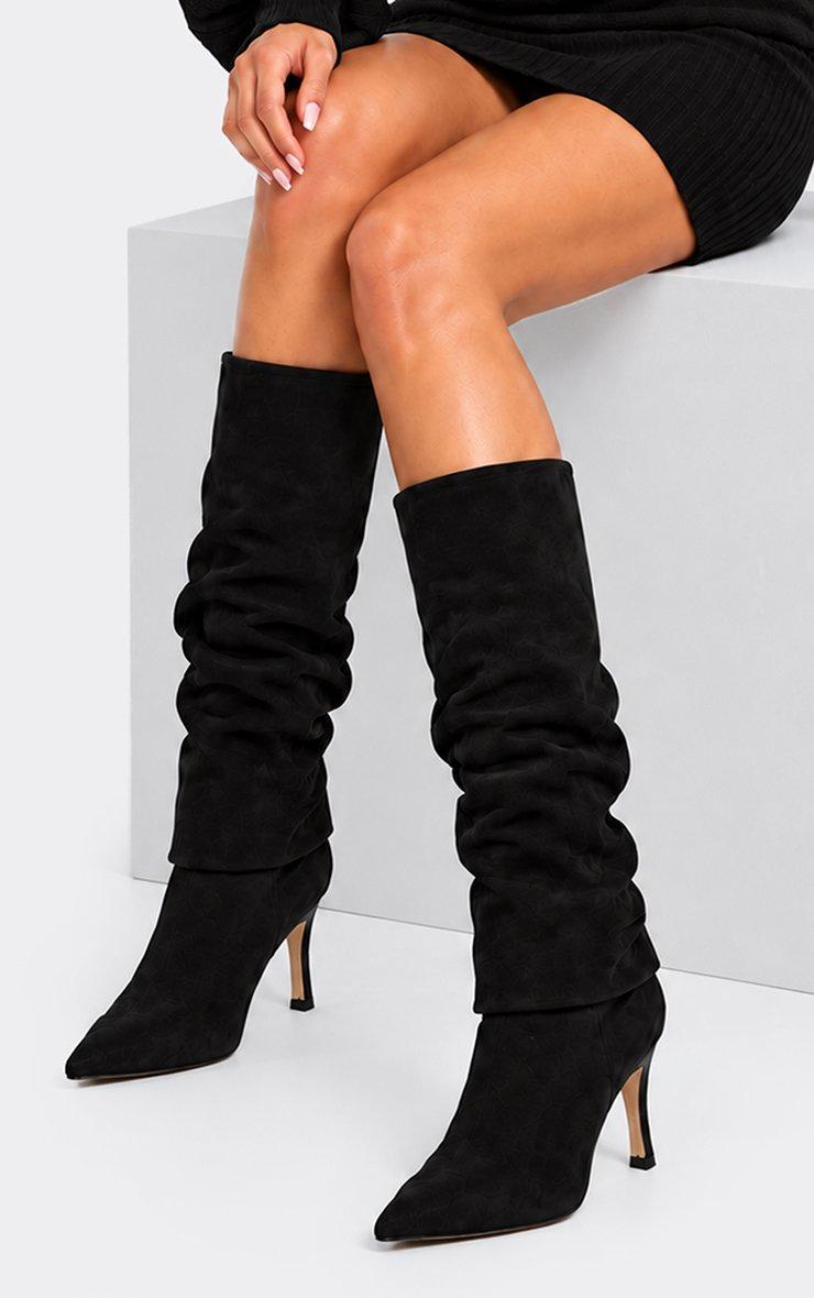 Belline Layered Detail Pointed Toe Knee High Boot In Black Faux Suede.