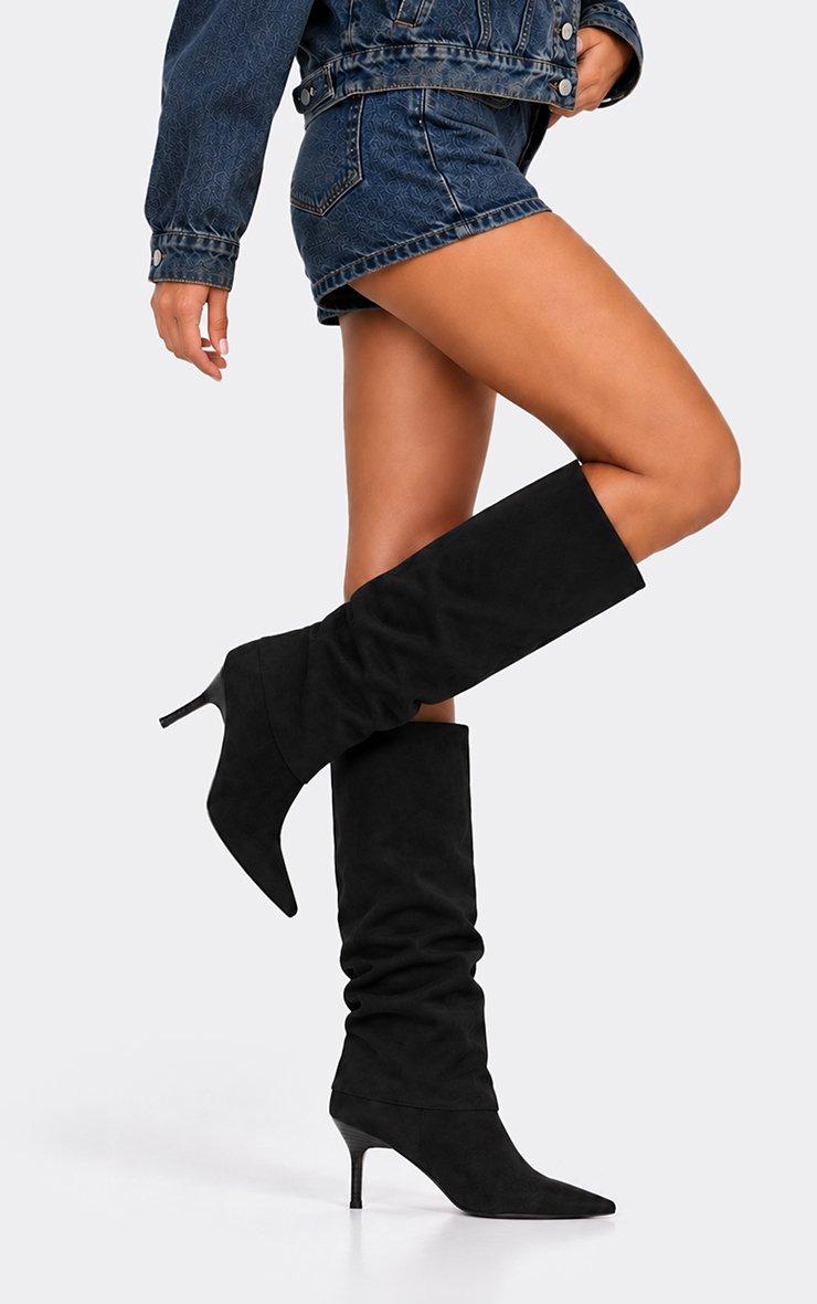 Belline Layered Detail Pointed Toe Knee High Boot In Black Faux Suede.