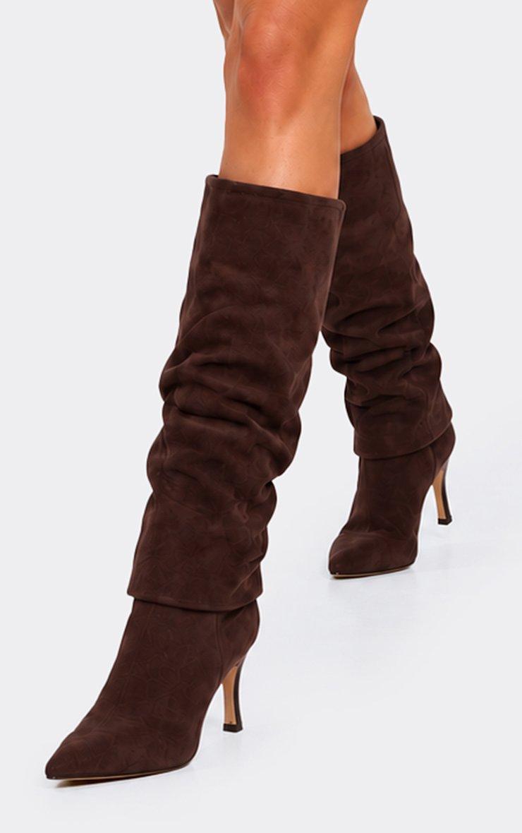 Belline Layered Detail Pointed Toe Knee High Boot In Brown Faux Suede.
