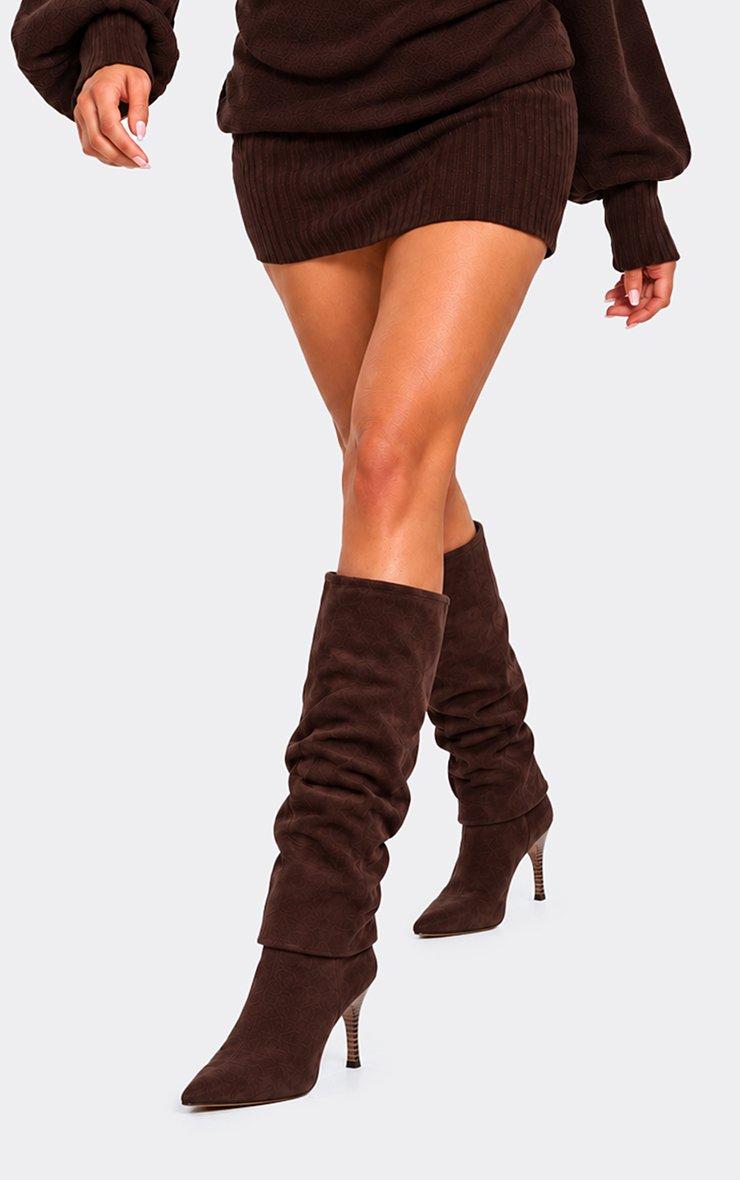 Belline Layered Detail Pointed Toe Knee High Boot In Brown Faux Suede