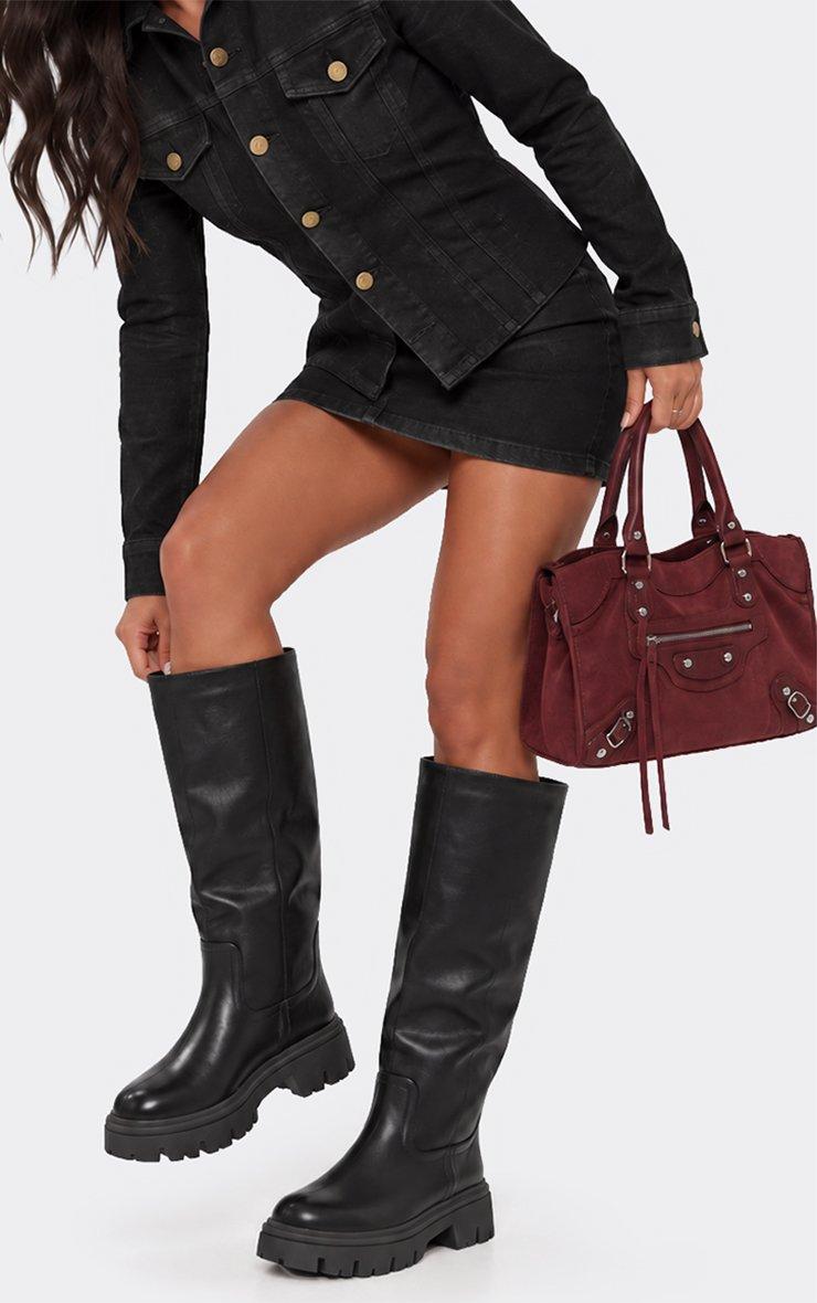 Maim Chunky Sole Knee High Long Biker Boot In Black Faux Leather.