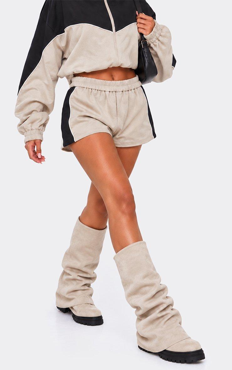 Margot Layered Detail Knee High Long Biker Boot In Light Taupe Faux Suede.