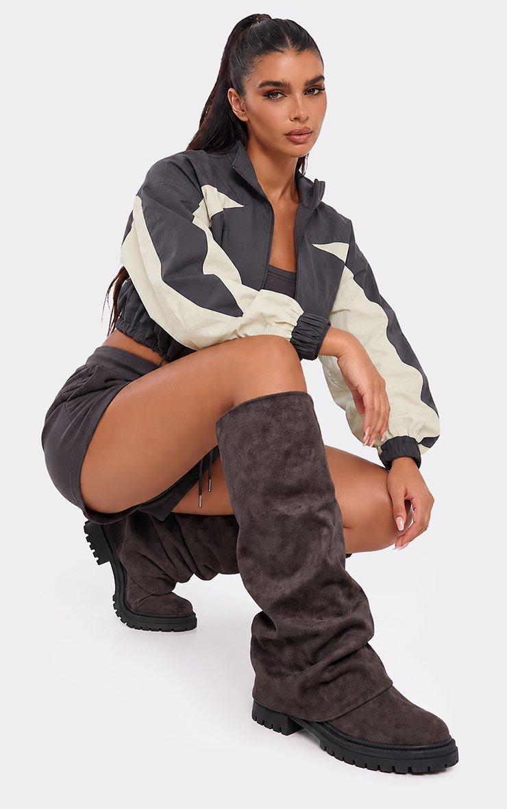 Margot Layered Detail Knee High Long Biker Boot In Charcoal Faux Suede.
