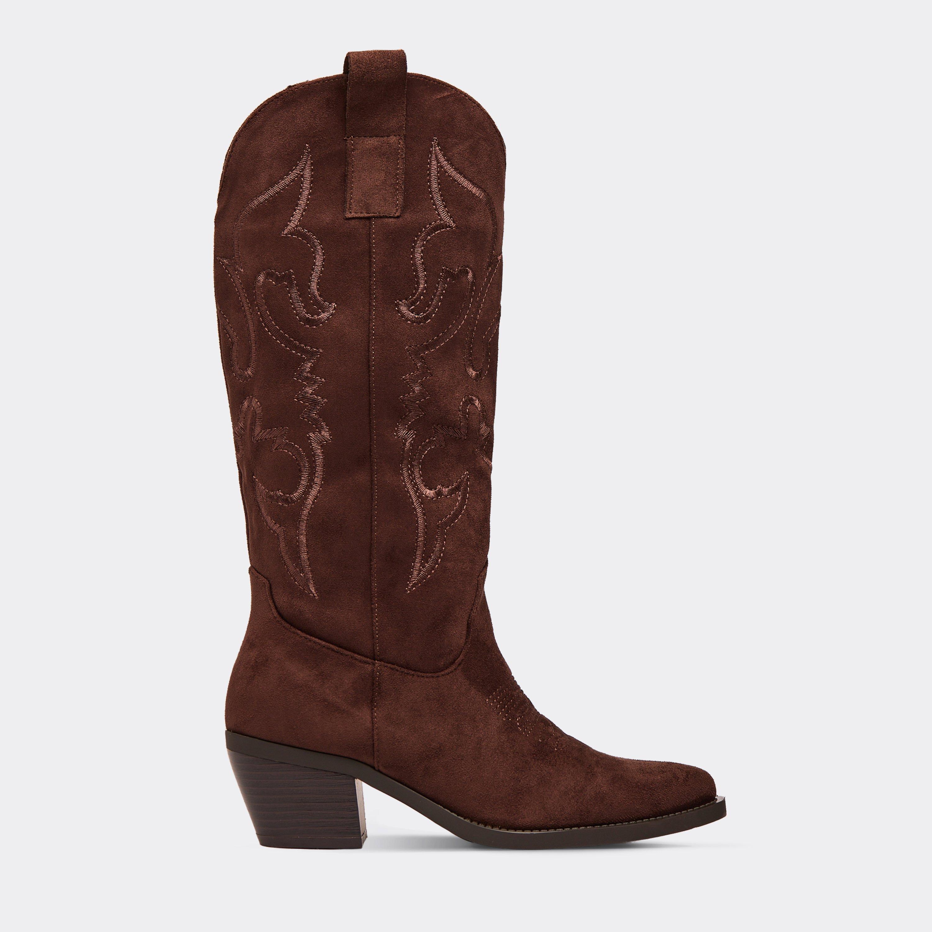 Sweetz Embroidered Detail Knee High Western Cowboy Boot In Mocha Brown Faux Suede, Women's Size UK 4