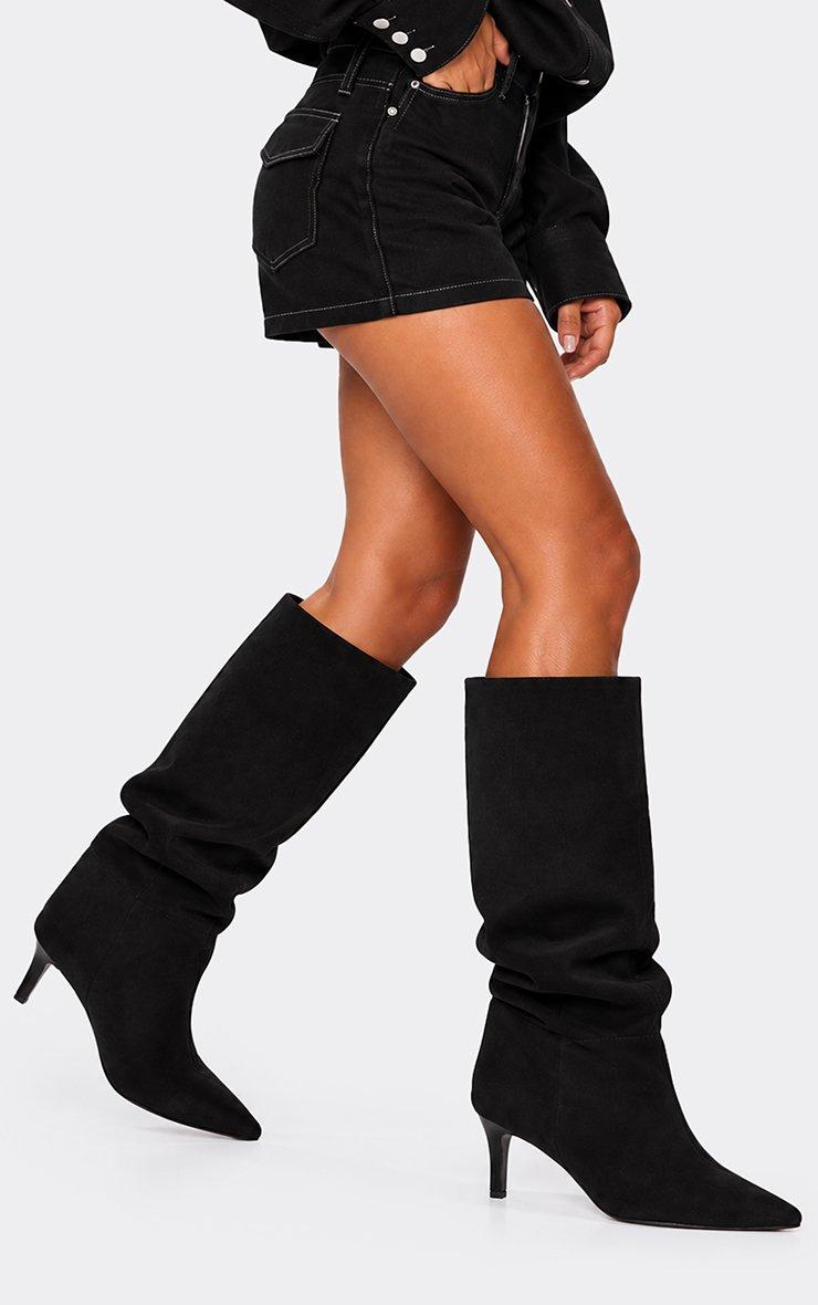 Special Pointed Toe Knee High Heeled Boot In Black Faux Suede.