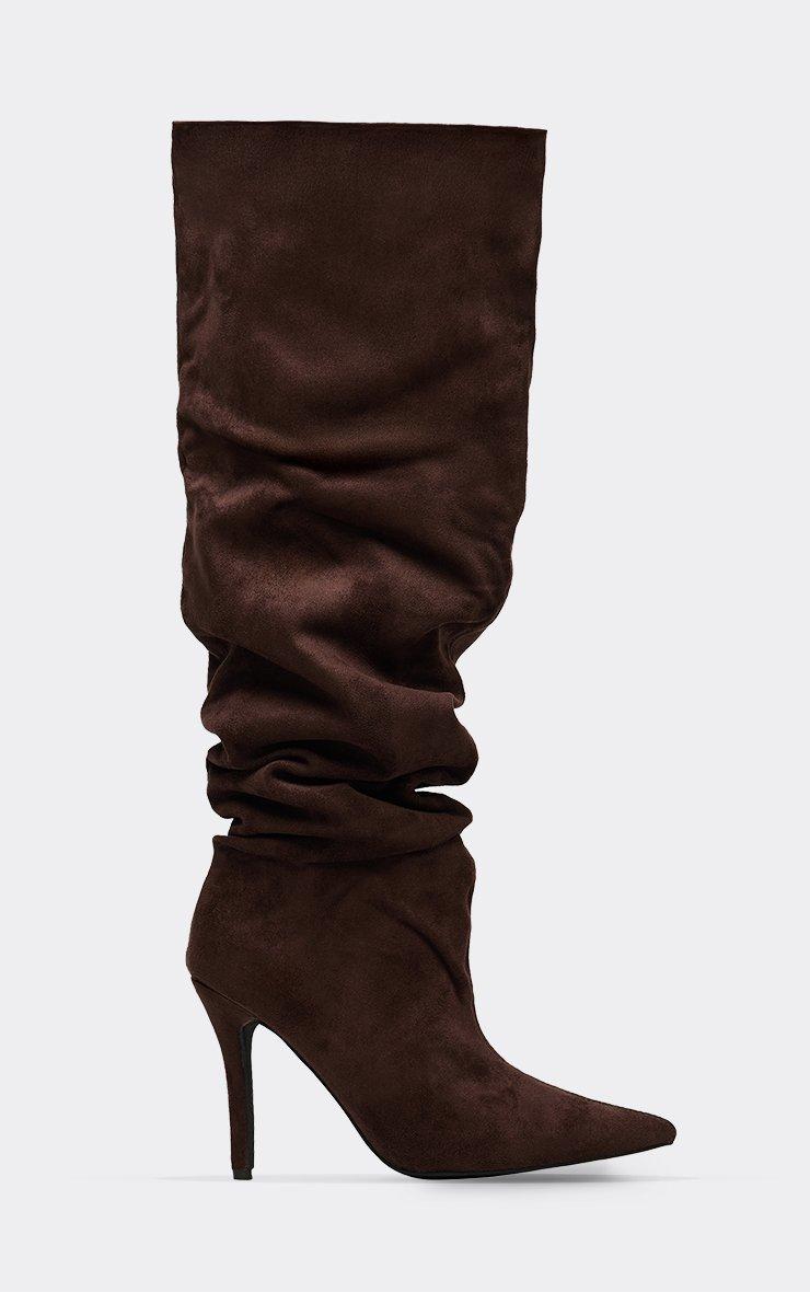 Yalda Pointed Toe Stiletto Heel Knee High Slouched Boot In Brown Faux Suede