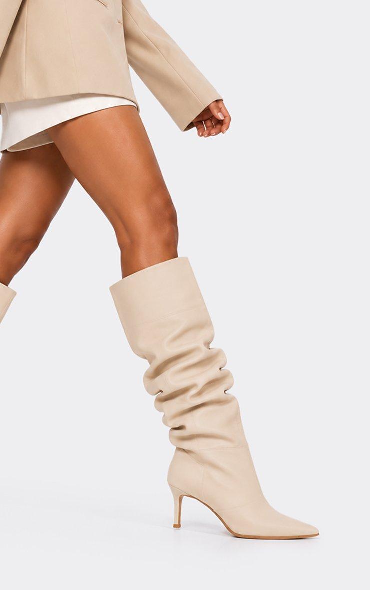 Gabbi Pointed Toe Low Heel Thigh High Slouched Boots In Cream Faux Leather