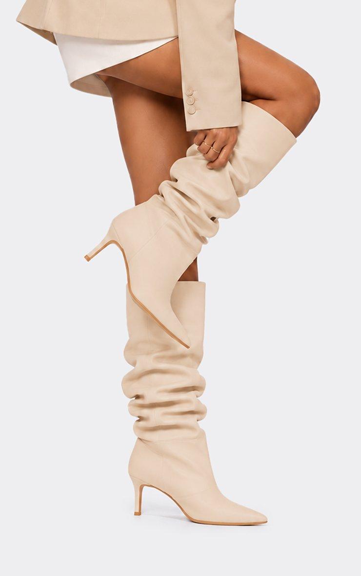 Gabbi Pointed Toe Low Heel Thigh High Slouched Boots In Cream Faux Leather