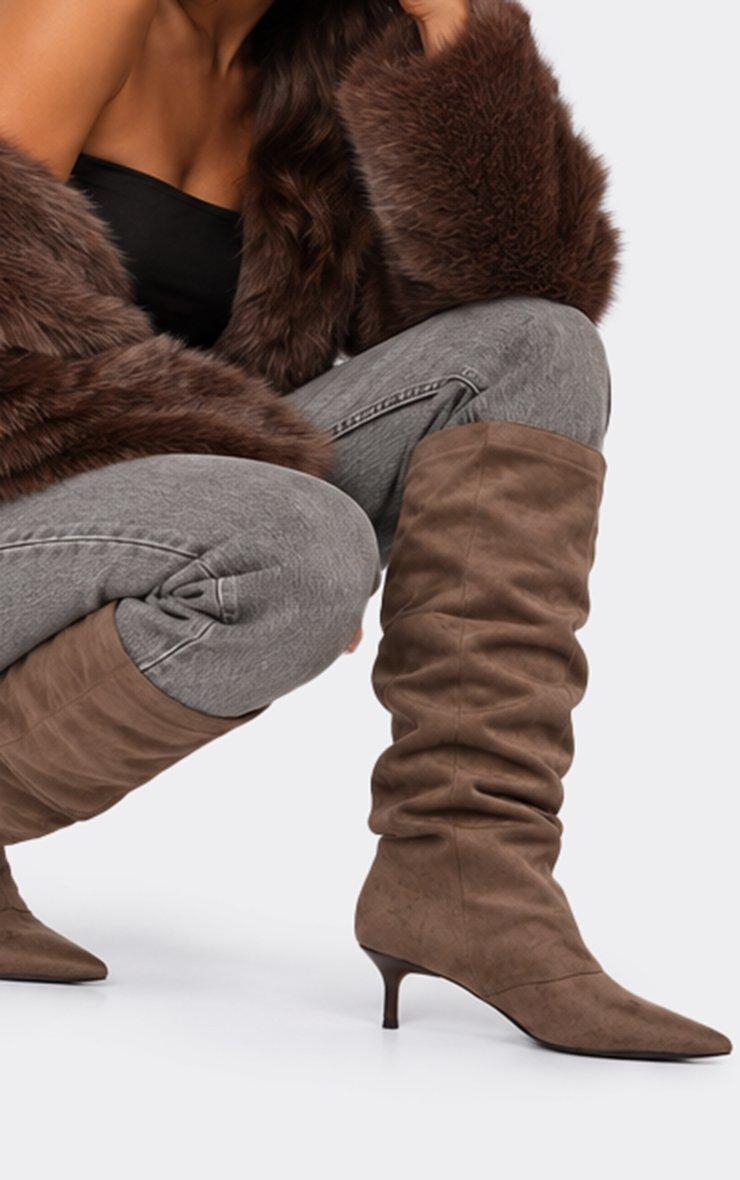 Pixi Pointed Toe Slouched Kitten Heel Knee High Boot In Mocha Faux Suede
