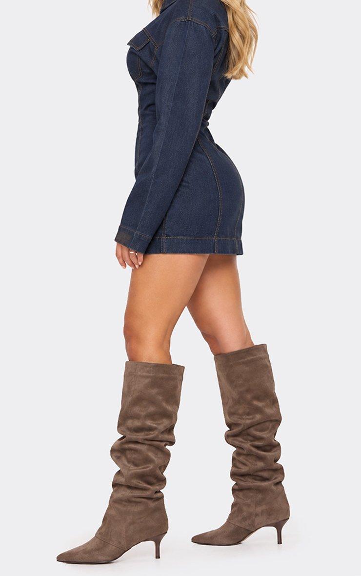 Pixi Pointed Toe Slouched Kitten Heel Knee High Boot In Mocha Faux Suede.