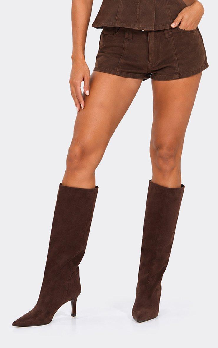 Wide Fit Alivia Pointed Toe Low Heeled Knee High Boot In Brown Faux Leather.